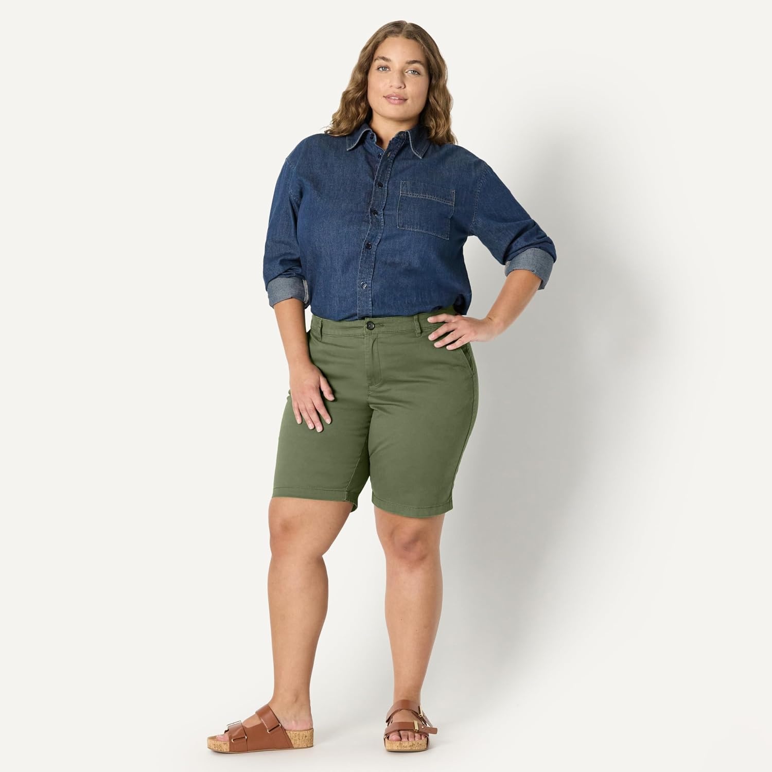 image:imageAmazon Essentials Womens MidRise SlimFit 10 Inseam Bermuda Chino ShortsOlive