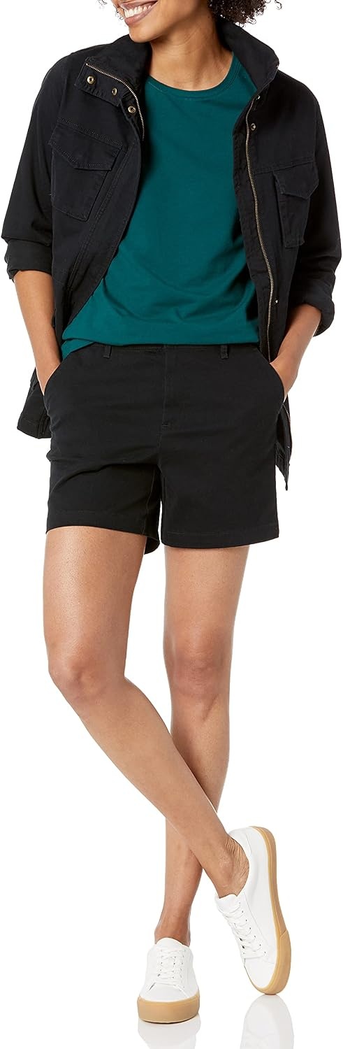 image:imageAmazon Essentials Womens MidRise SlimFit 5 Inch Inseam Khaki Shorts Available in Straight and Curvy FitsBlack