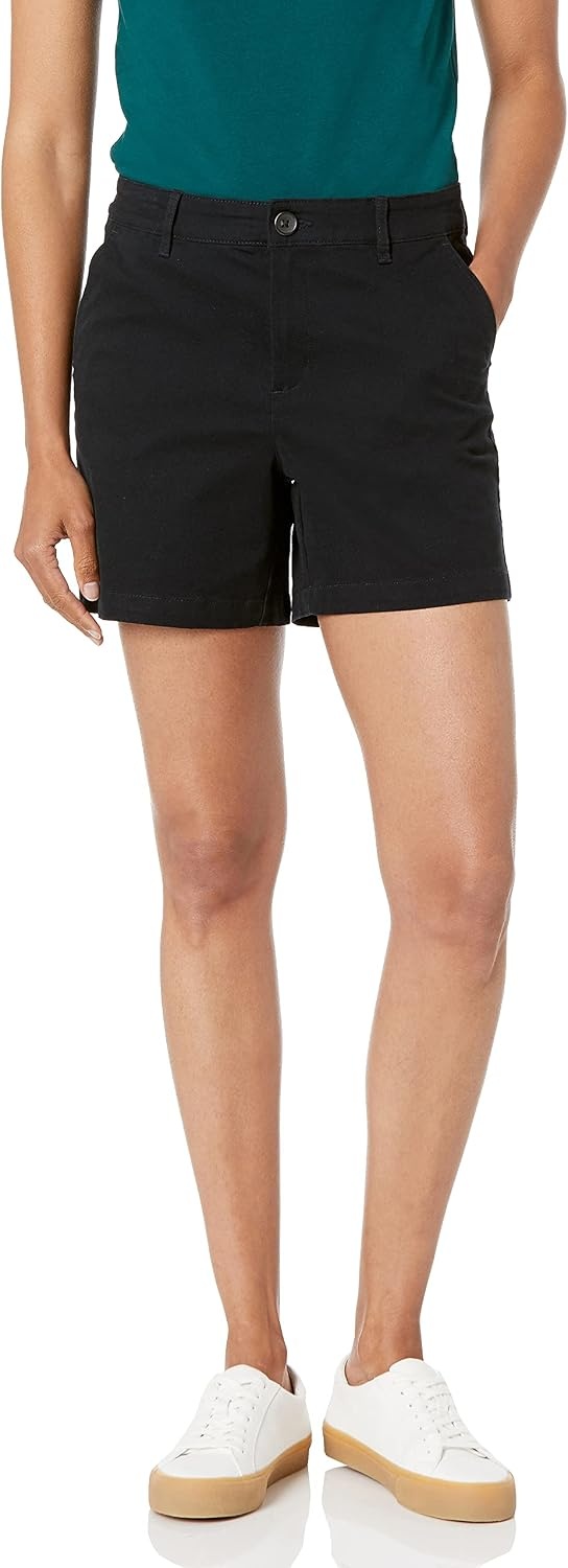 image:imageAmazon Essentials Womens MidRise SlimFit 5 Inch Inseam Khaki Shorts Available in Straight and Curvy FitsBlack