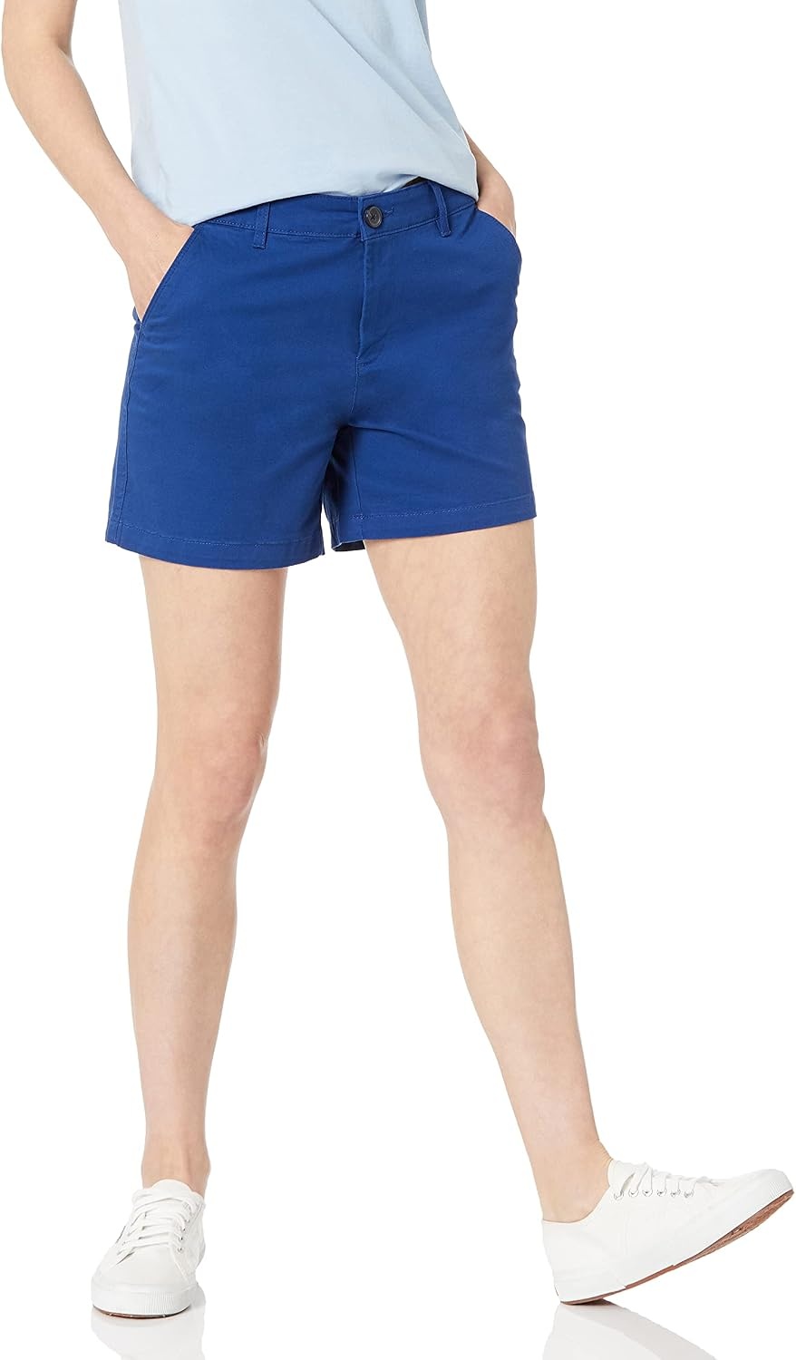 image:imageAmazon Essentials Womens MidRise SlimFit 5 Inch Inseam Khaki Shorts Available in Straight and Curvy FitsBlue