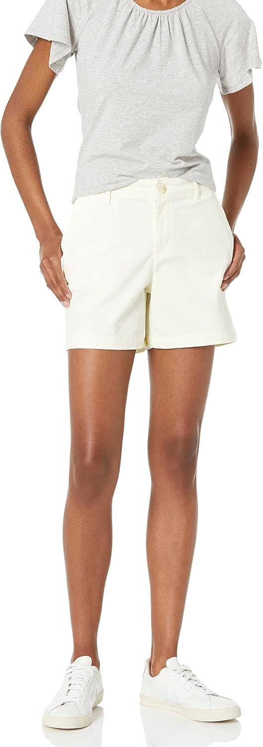 image:imageAmazon Essentials Womens MidRise SlimFit 5 Inch Inseam Khaki Shorts Available in Straight and Curvy FitsCream