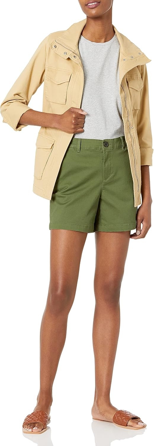 image:imageAmazon Essentials Womens MidRise SlimFit 5 Inch Inseam Khaki Shorts Available in Straight and Curvy FitsOlive