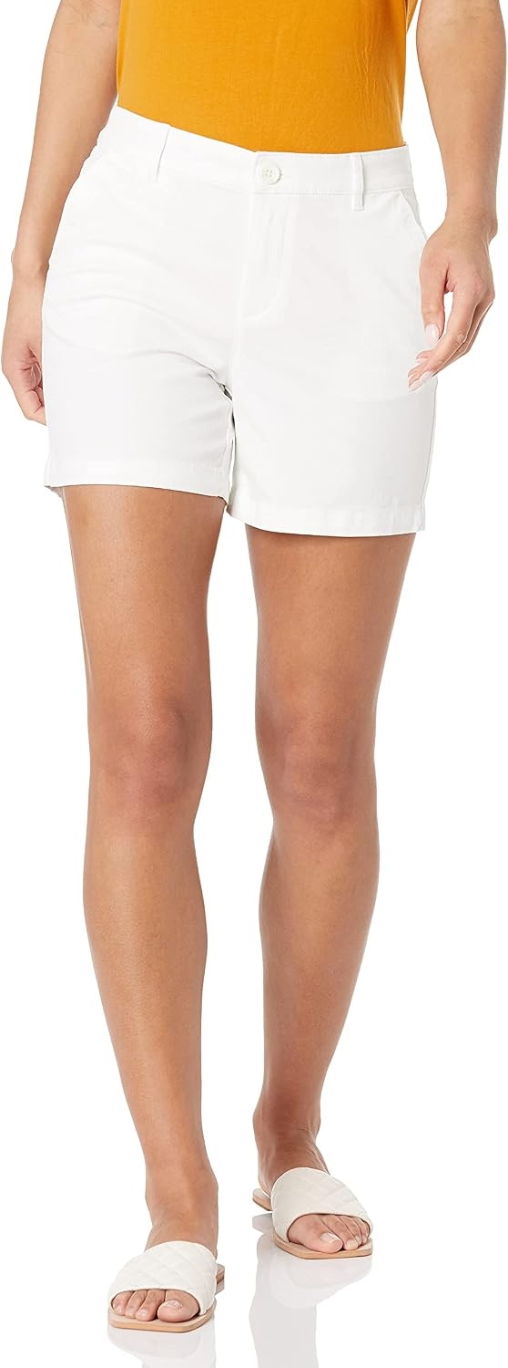 image:imageAmazon Essentials Womens MidRise SlimFit 5 Inch Inseam Khaki Shorts Available in Straight and Curvy FitsWhite