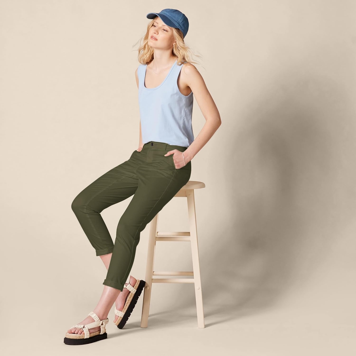 image:imageAmazon Essentials Womens MidRise SlimFit Stretchy Khaki Pants Available in Plus SizeDark Olive