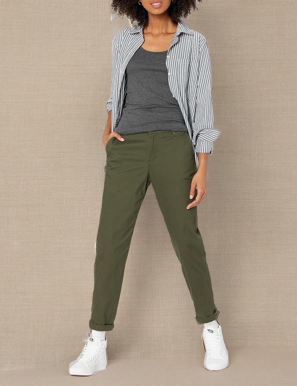 image:imageAmazon Essentials Womens MidRise SlimFit Stretchy Khaki Pants Available in Plus SizeDark Olive