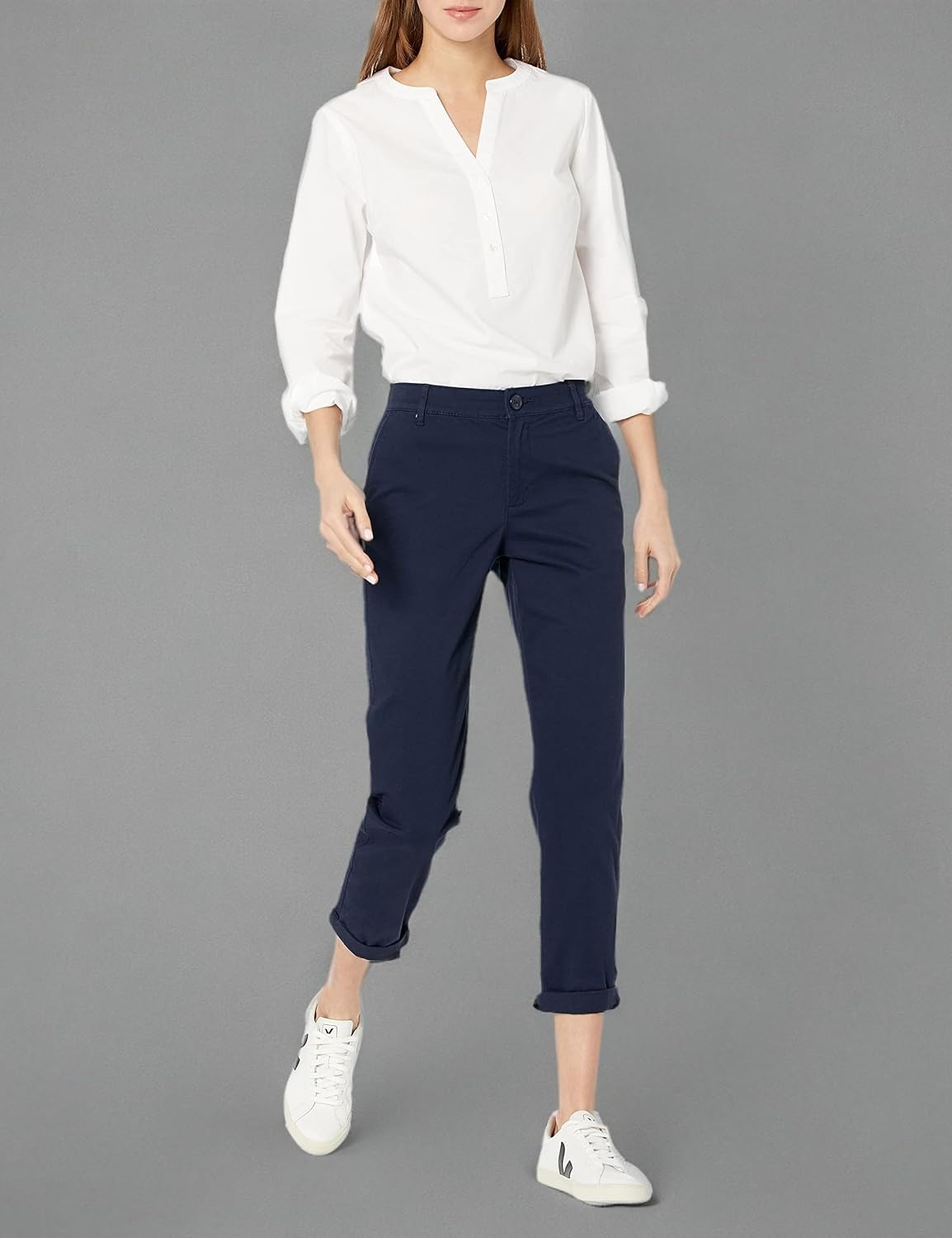 image:imageAmazon Essentials Womens MidRise SlimFit Stretchy Khaki Pants Available in Plus SizeNavy