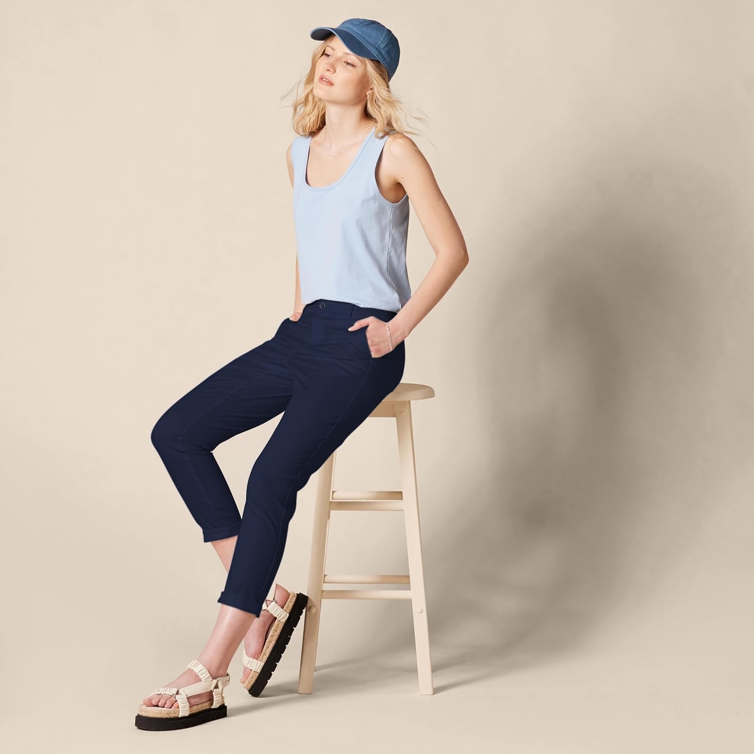 image:imageAmazon Essentials Womens MidRise SlimFit Stretchy Khaki Pants Available in Plus SizeNavy