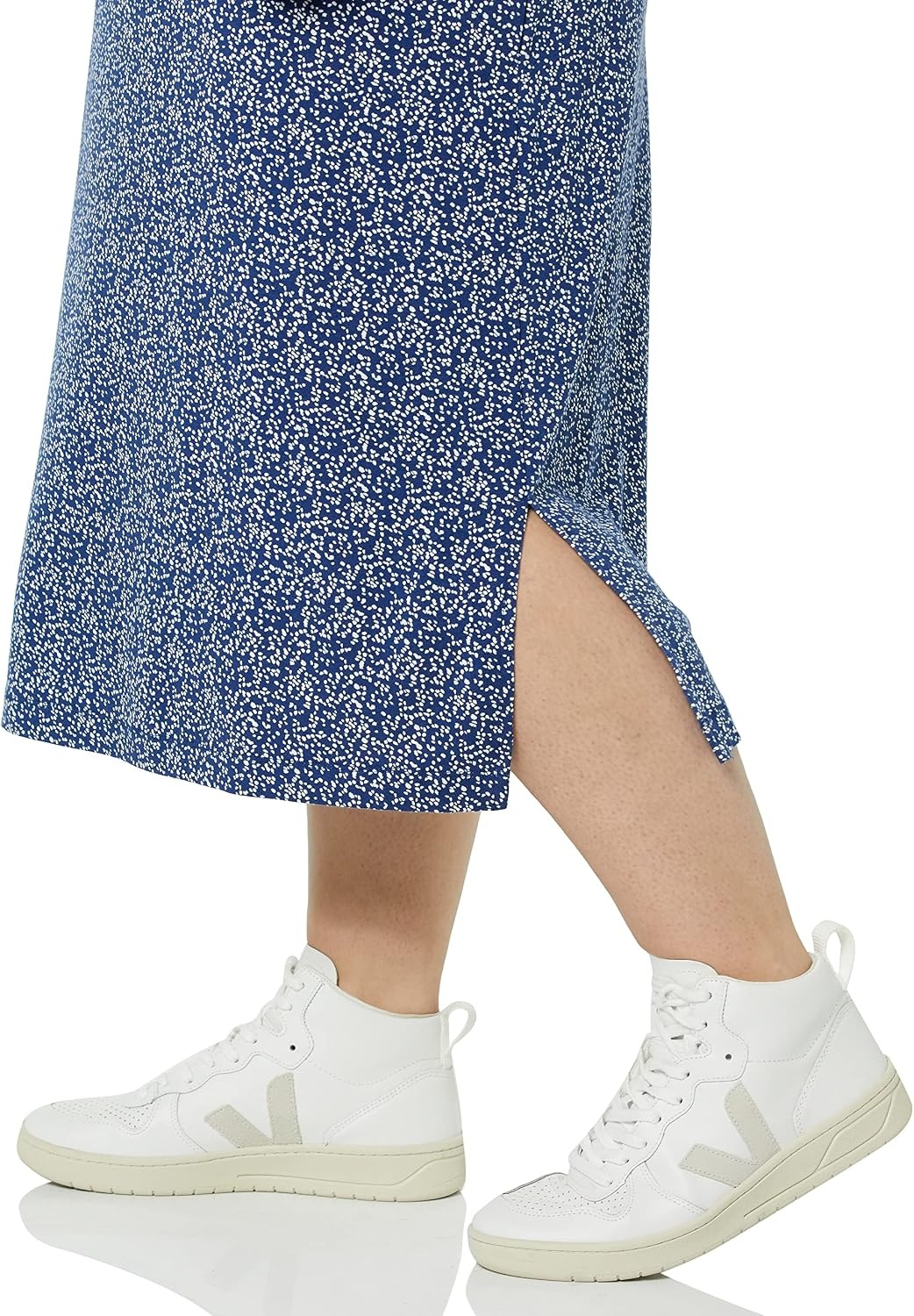 image:imageAmazon Essentials Womens PullOn Knit Midi Skirt with Elastic Waist SlitsNavy Animal Dot