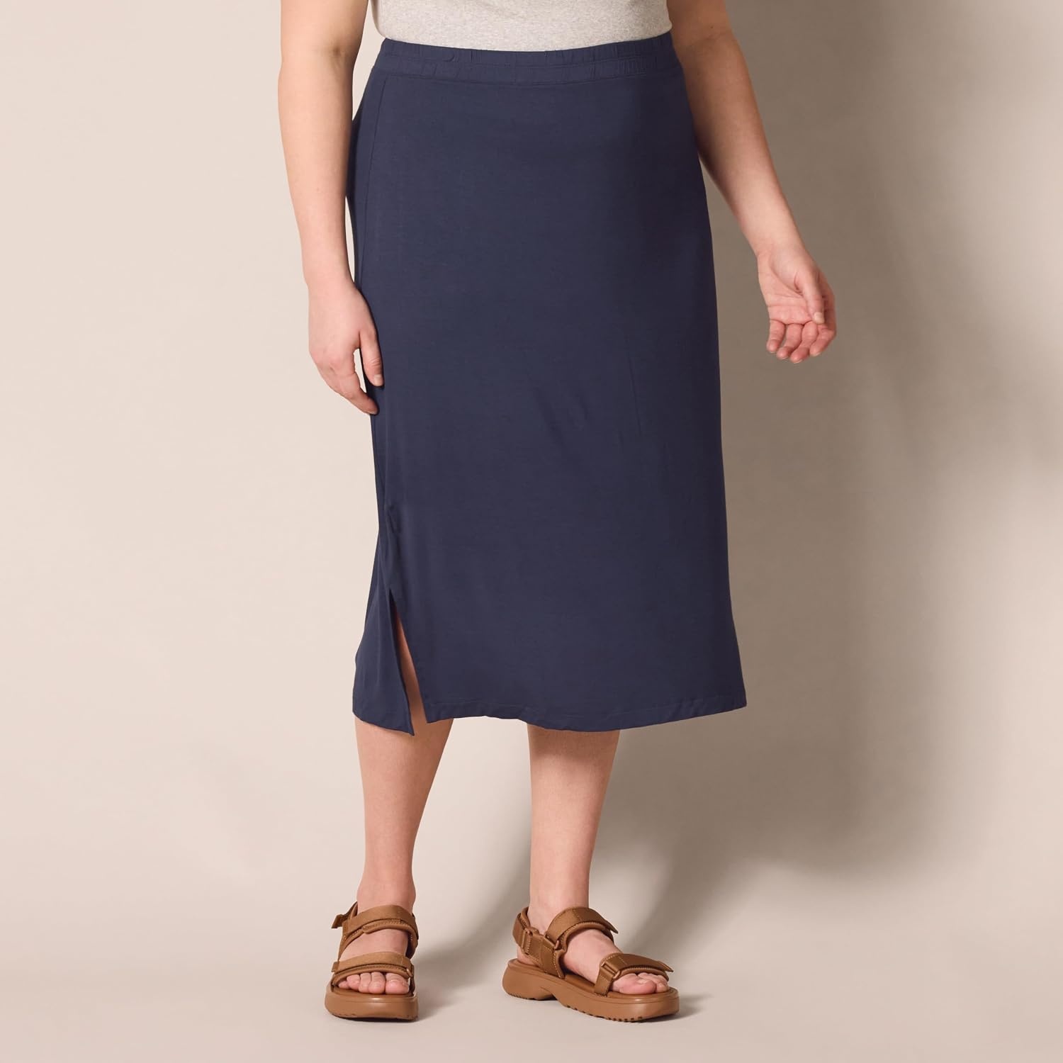 image:imageAmazon Essentials Womens PullOn Knit Midi Skirt with Elastic Waist SlitsNavy