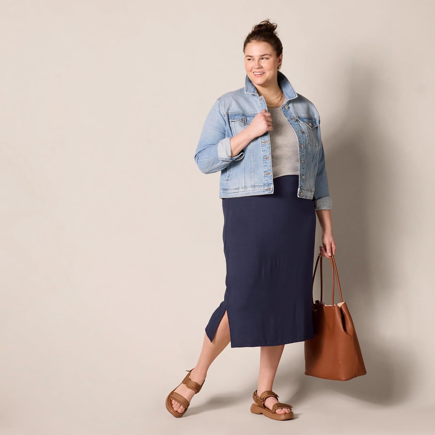 image:imageAmazon Essentials Womens PullOn Knit Midi Skirt with Elastic Waist SlitsNavy