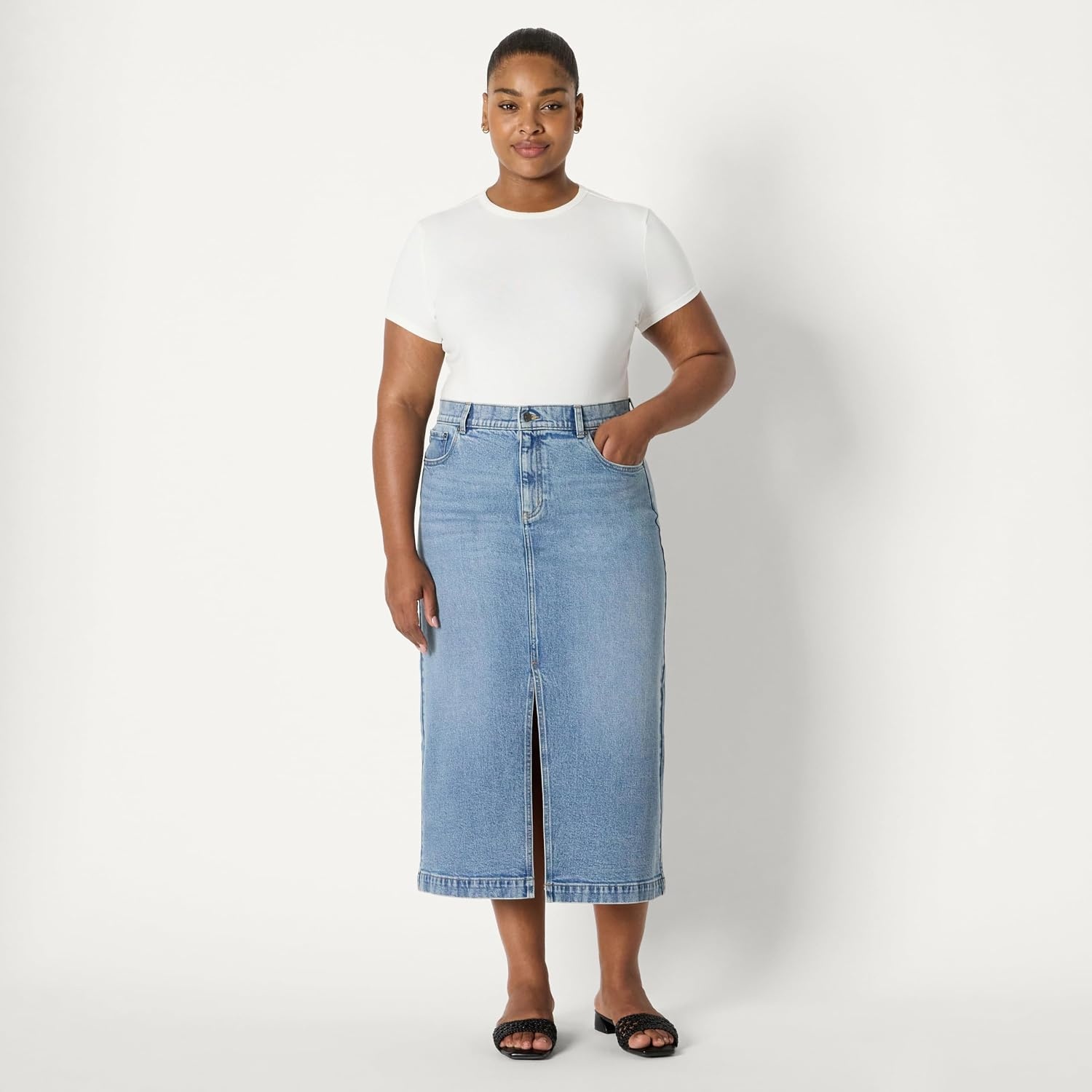 image:imageAmazon Essentials Womens RegularFit HighRise Long Jean Skirt with Slight Aline Silhouette 5 Pocket StylingAuthentic Medium Wash