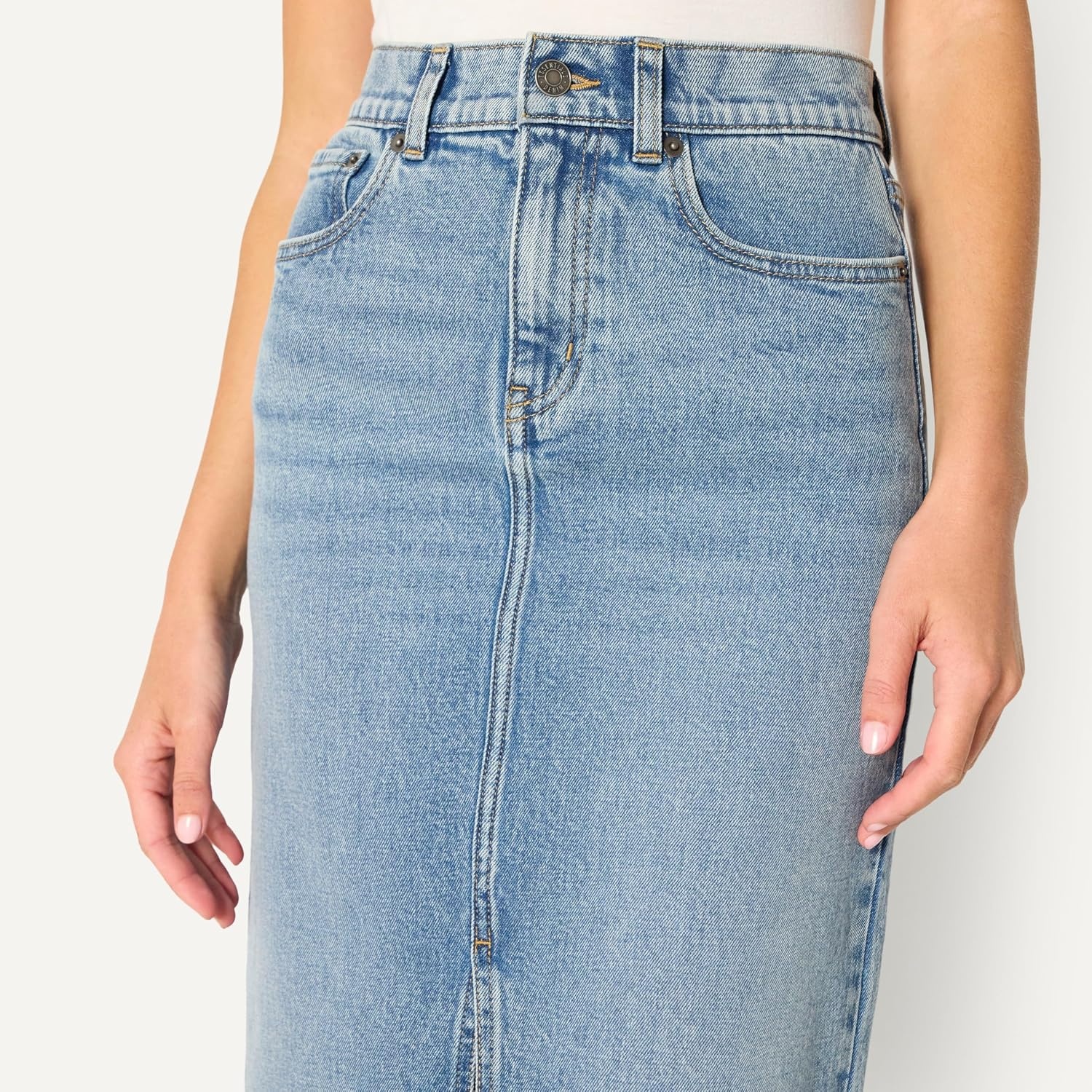 image:imageAmazon Essentials Womens RegularFit HighRise Long Jean Skirt with Slight Aline Silhouette 5 Pocket StylingAuthentic Medium Wash