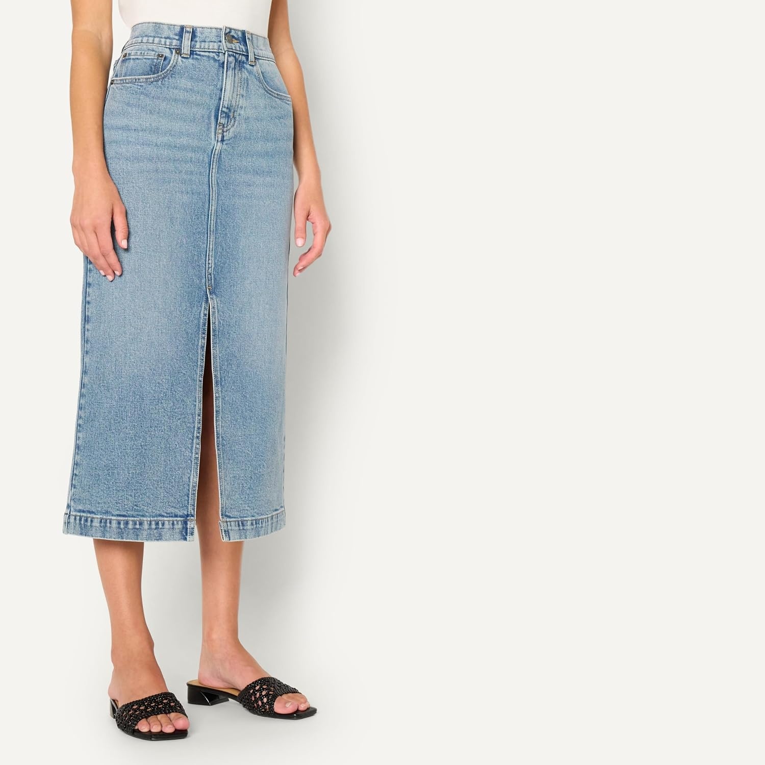 image:imageAmazon Essentials Womens RegularFit HighRise Long Jean Skirt with Slight Aline Silhouette 5 Pocket StylingAuthentic Medium Wash