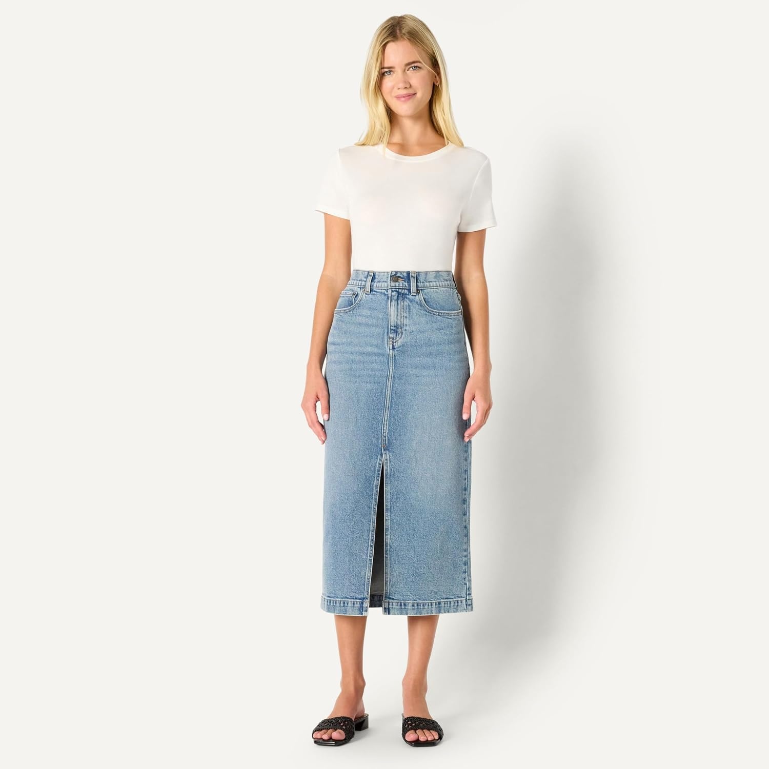 image:imageAmazon Essentials Womens RegularFit HighRise Long Jean Skirt with Slight Aline Silhouette 5 Pocket StylingAuthentic Medium Wash
