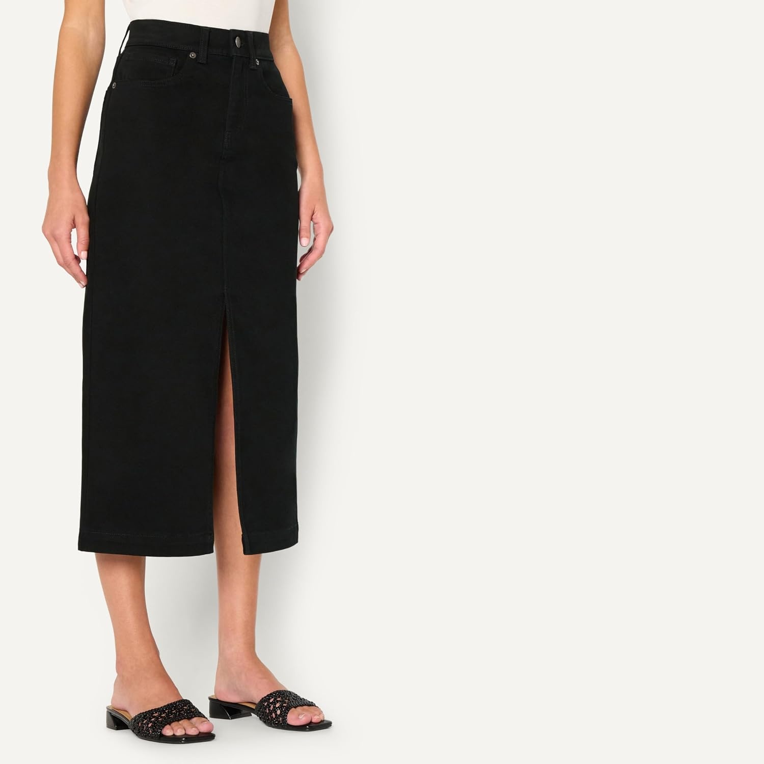 image:imageAmazon Essentials Womens RegularFit HighRise Long Jean Skirt with Slight Aline Silhouette 5 Pocket StylingBlack