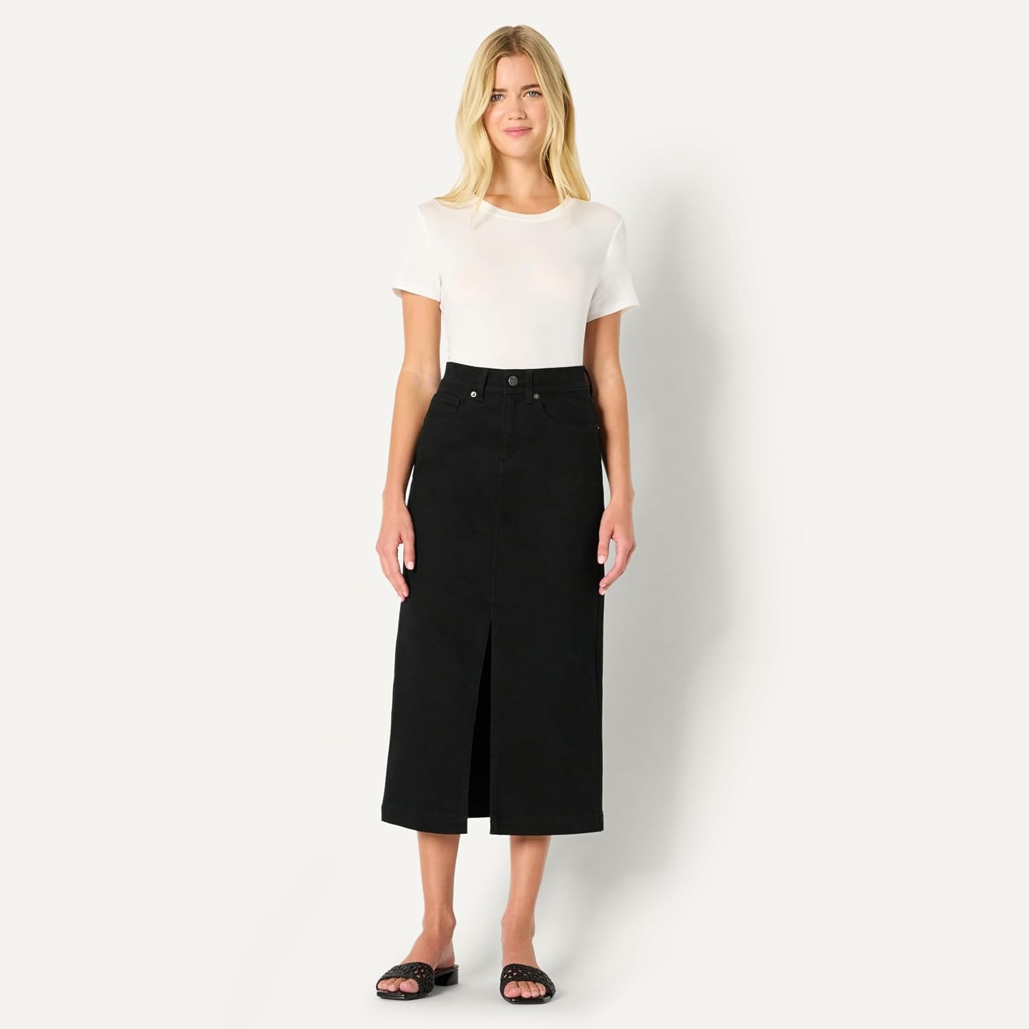 image:imageAmazon Essentials Womens RegularFit HighRise Long Jean Skirt with Slight Aline Silhouette 5 Pocket StylingBlack