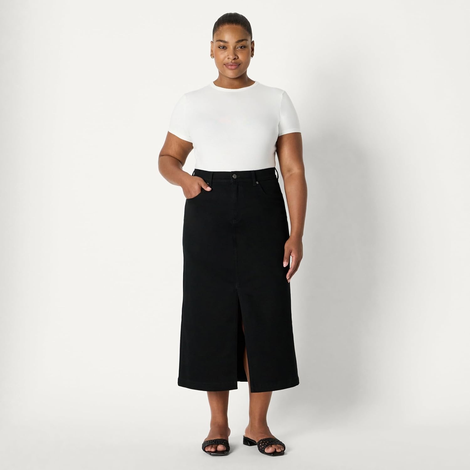 image:imageAmazon Essentials Womens RegularFit HighRise Long Jean Skirt with Slight Aline Silhouette 5 Pocket StylingBlack