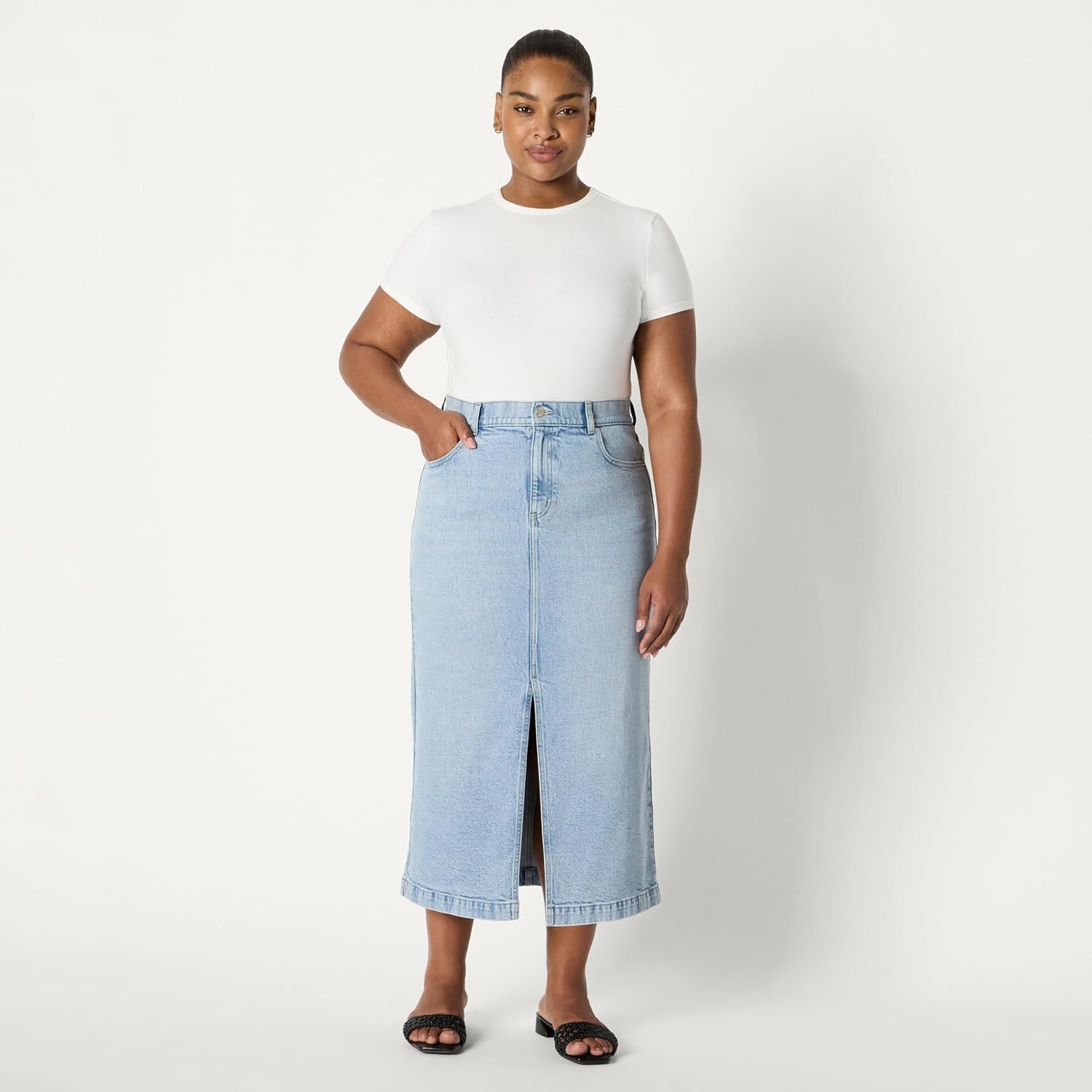 image:imageAmazon Essentials Womens RegularFit HighRise Long Jean Skirt with Slight Aline Silhouette 5 Pocket StylingIced Light Wash