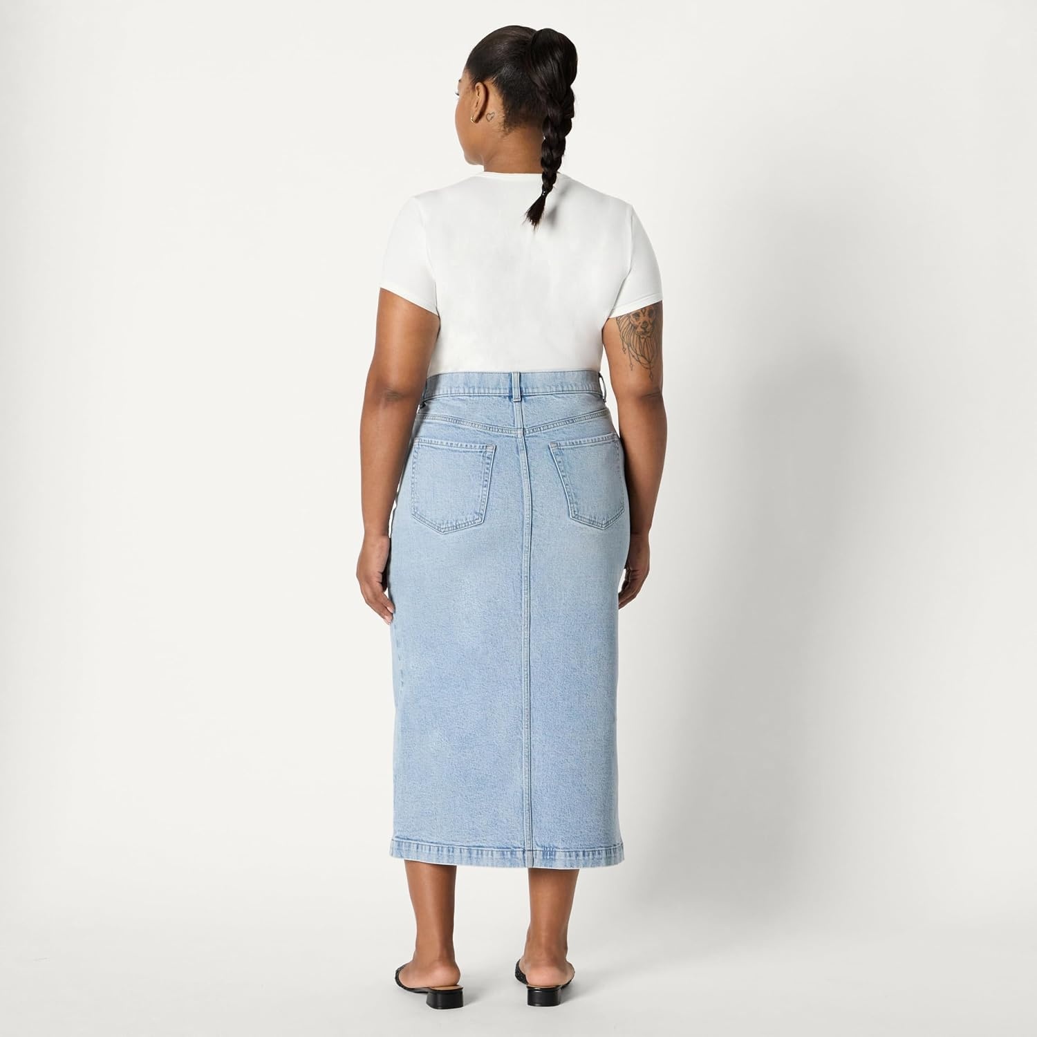image:imageAmazon Essentials Womens RegularFit HighRise Long Jean Skirt with Slight Aline Silhouette 5 Pocket StylingIced Light Wash