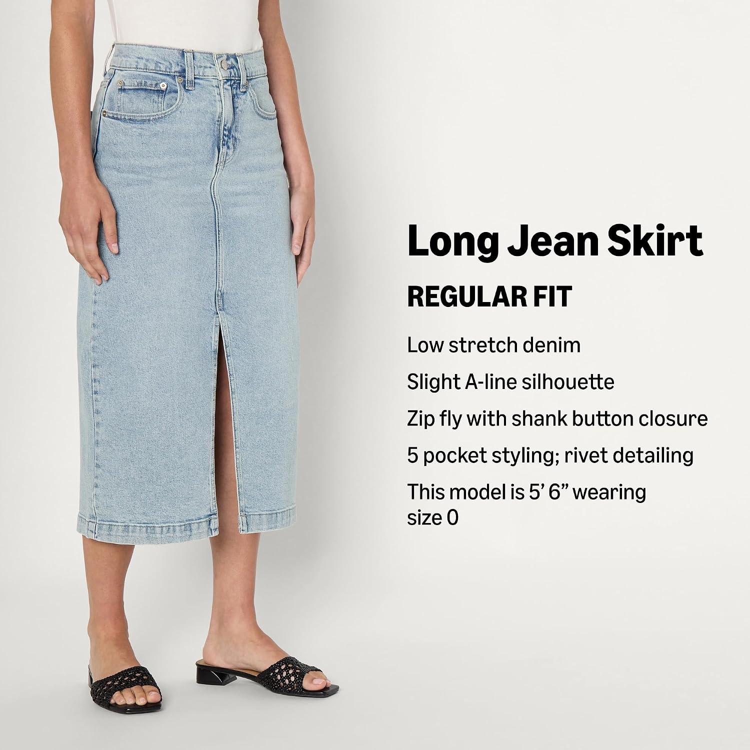 image:imageAmazon Essentials Womens RegularFit HighRise Long Jean Skirt with Slight Aline Silhouette 5 Pocket StylingIced Light Wash