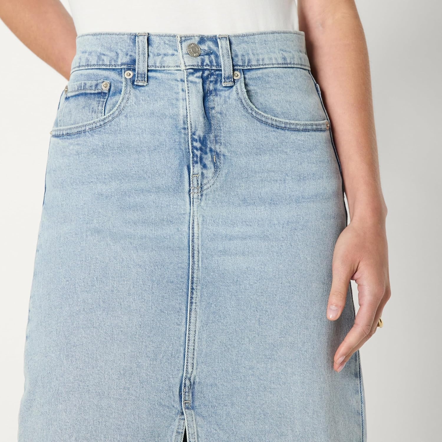 image:imageAmazon Essentials Womens RegularFit HighRise Long Jean Skirt with Slight Aline Silhouette 5 Pocket StylingIced Light Wash