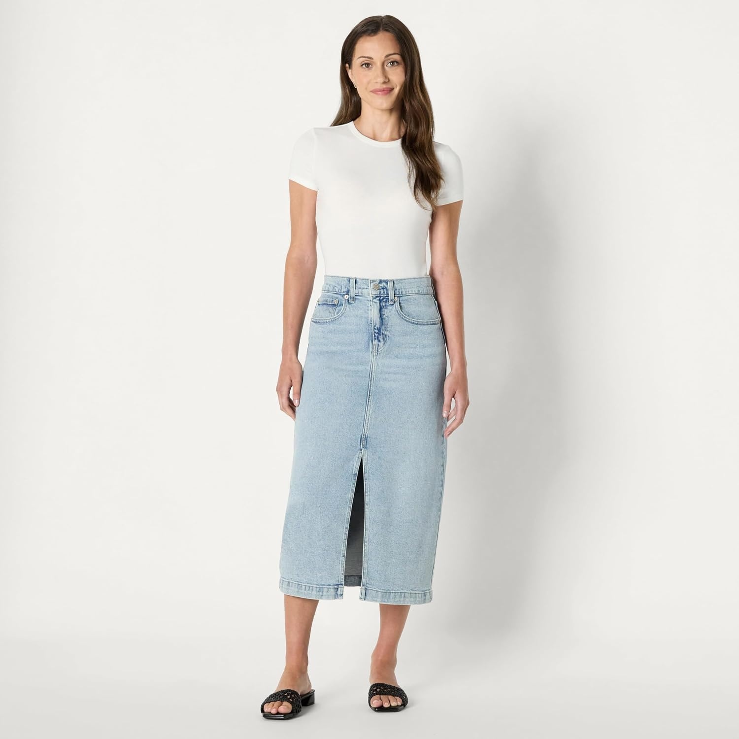 image:imageAmazon Essentials Womens RegularFit HighRise Long Jean Skirt with Slight Aline Silhouette 5 Pocket StylingIced Light Wash