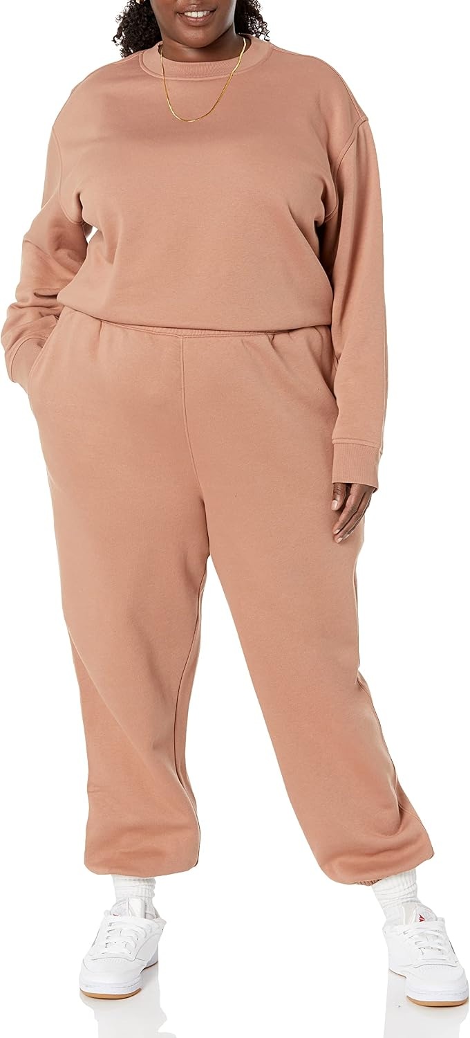 image:imageAmazon Essentials Womens Relaxed Fit Sweatpants Joggers with Elastic Waist Mid Rise Available in Plus SizeLight Brown