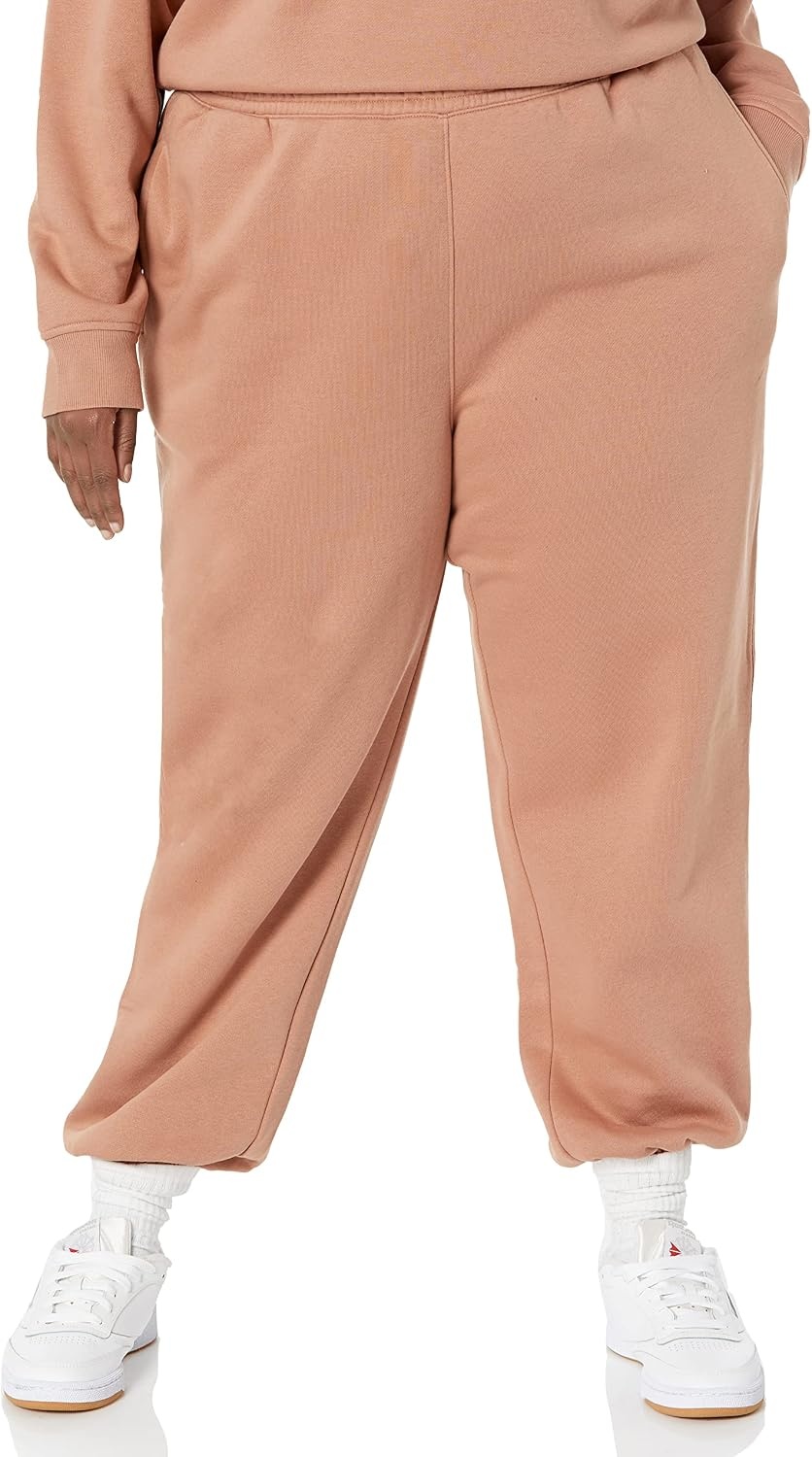 image:imageAmazon Essentials Womens Relaxed Fit Sweatpants Joggers with Elastic Waist Mid Rise Available in Plus SizeLight Brown