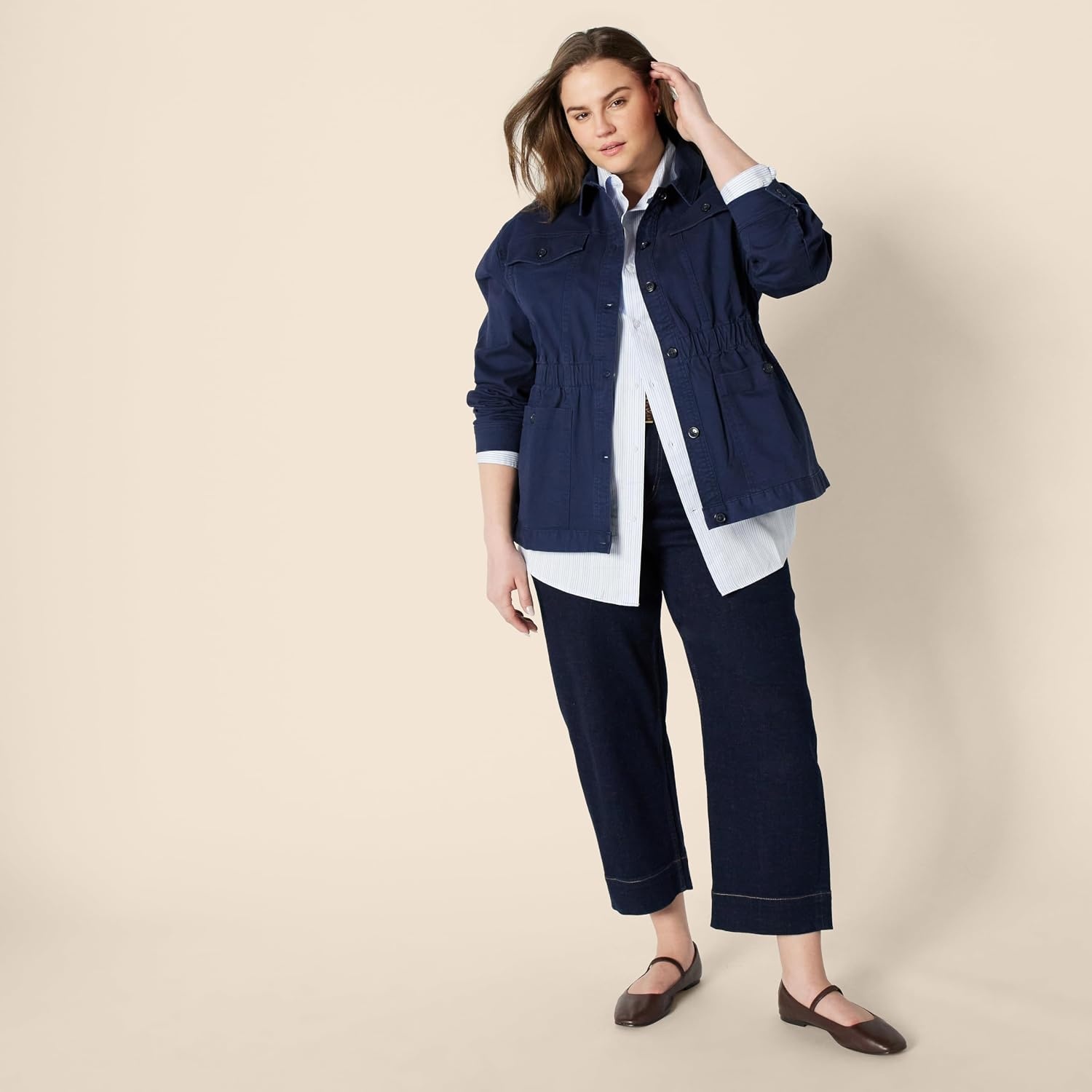 image:imageAmazon Essentials Womens RelaxedFit Dropped Shoulder Midweight Cotton Twill JacketNavy