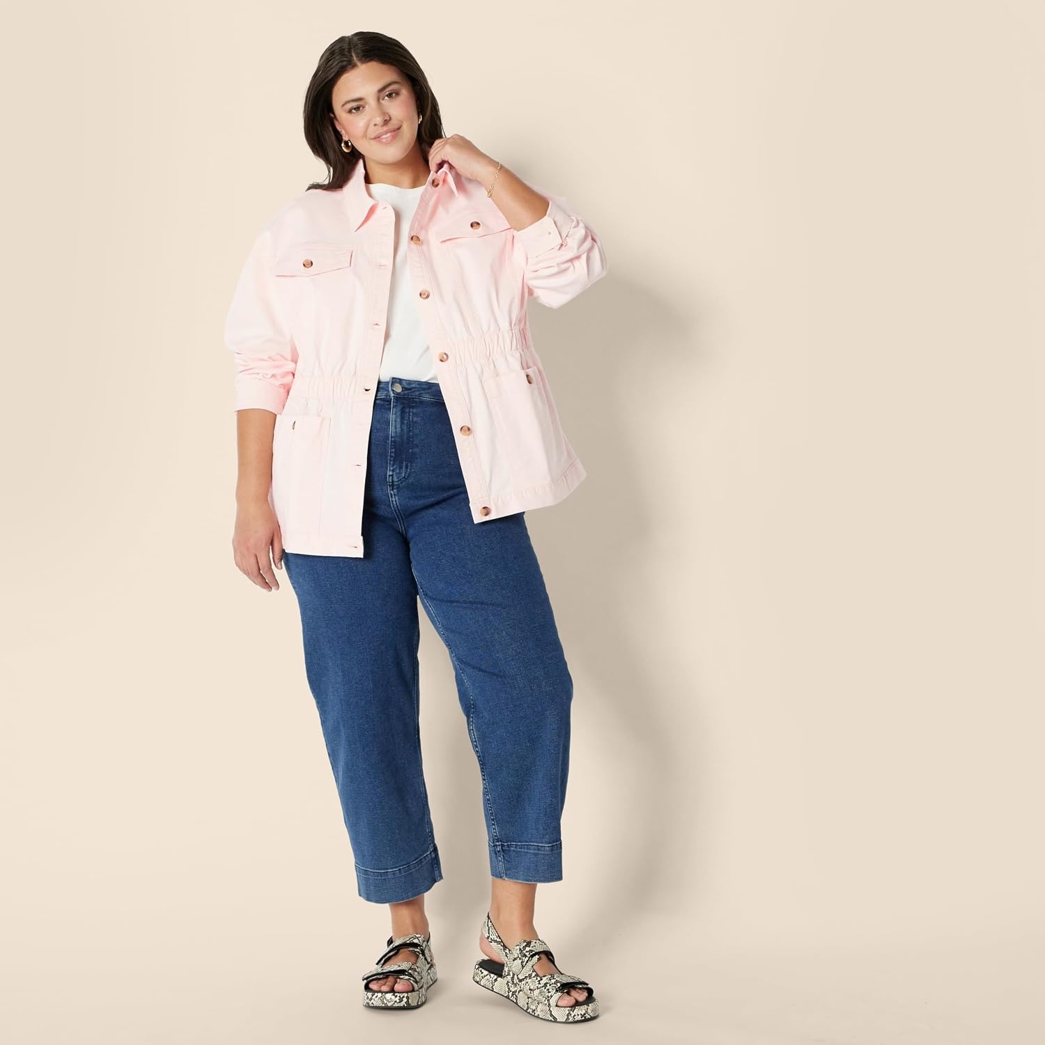 image:imageAmazon Essentials Womens RelaxedFit Dropped Shoulder Midweight Cotton Twill JacketRose