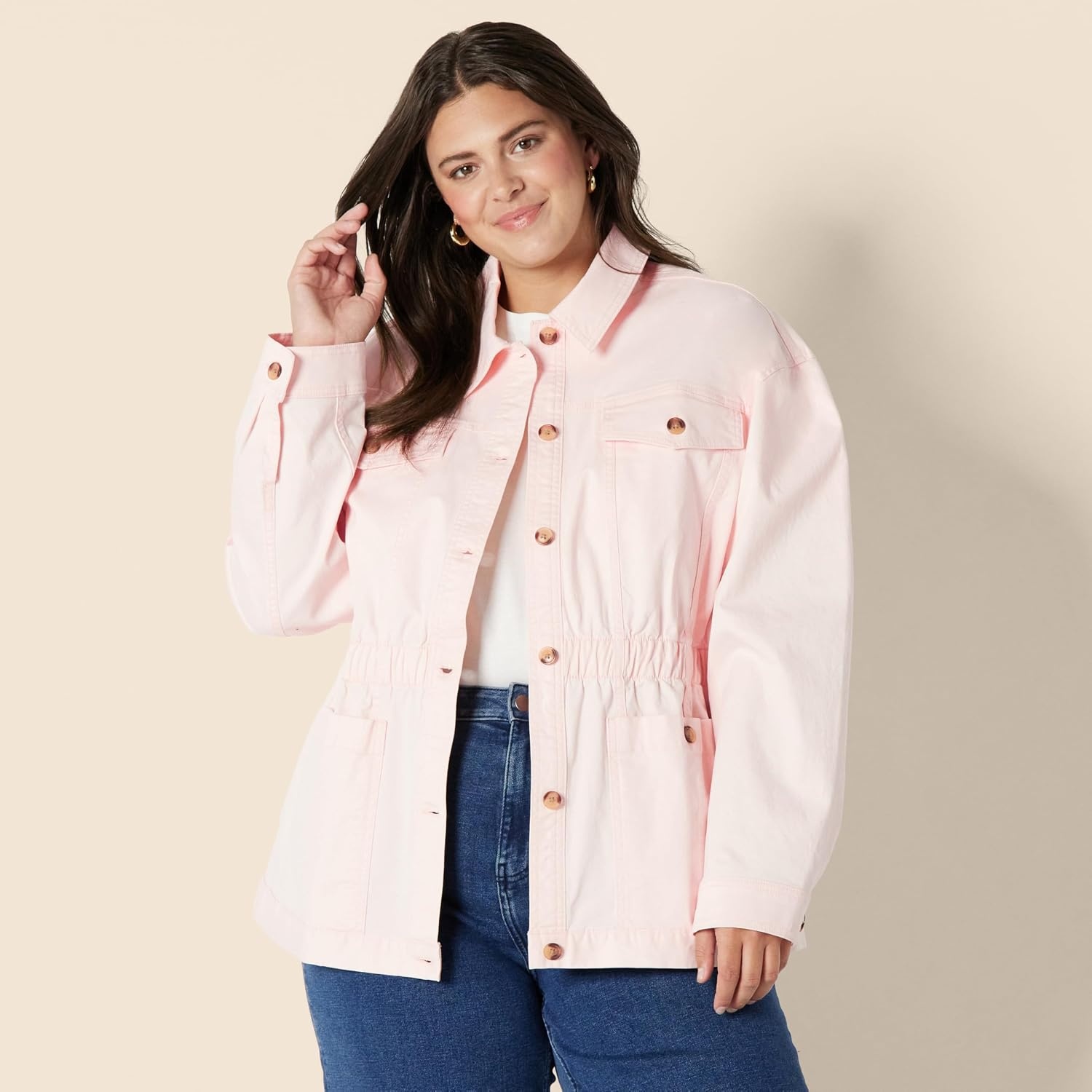 image:imageAmazon Essentials Womens RelaxedFit Dropped Shoulder Midweight Cotton Twill JacketRose
