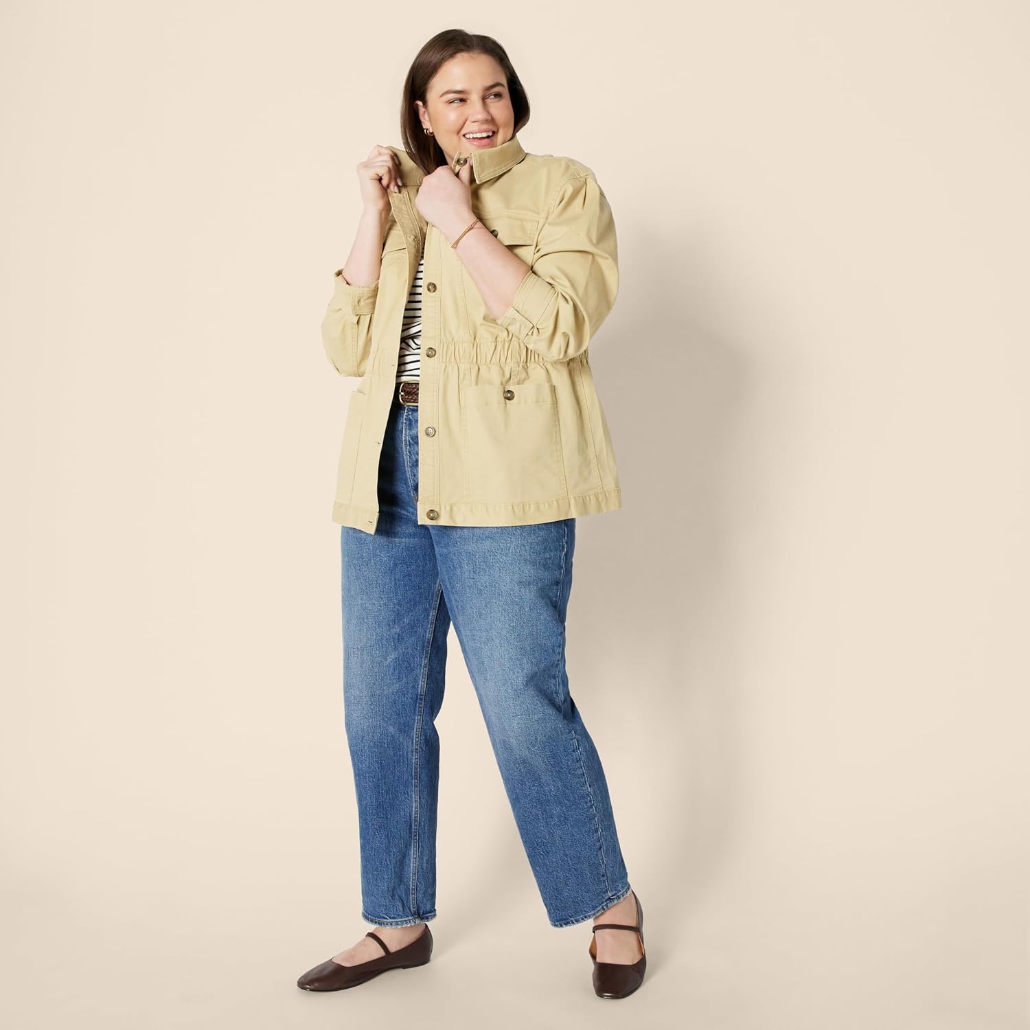 image:imageAmazon Essentials Womens RelaxedFit Dropped Shoulder Midweight Cotton Twill JacketTan
