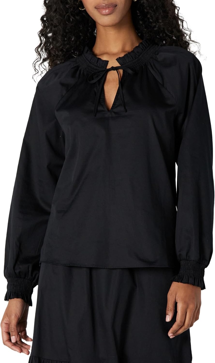 image:imageAmazon Essentials Womens RelaxedFit RuffleNeck Cotton Sateen BlouseBlack