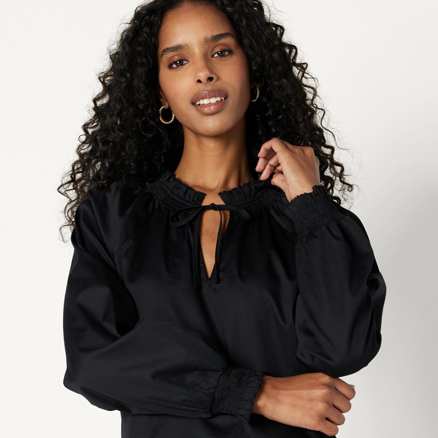 image:imageAmazon Essentials Womens RelaxedFit RuffleNeck Cotton Sateen BlouseBlack