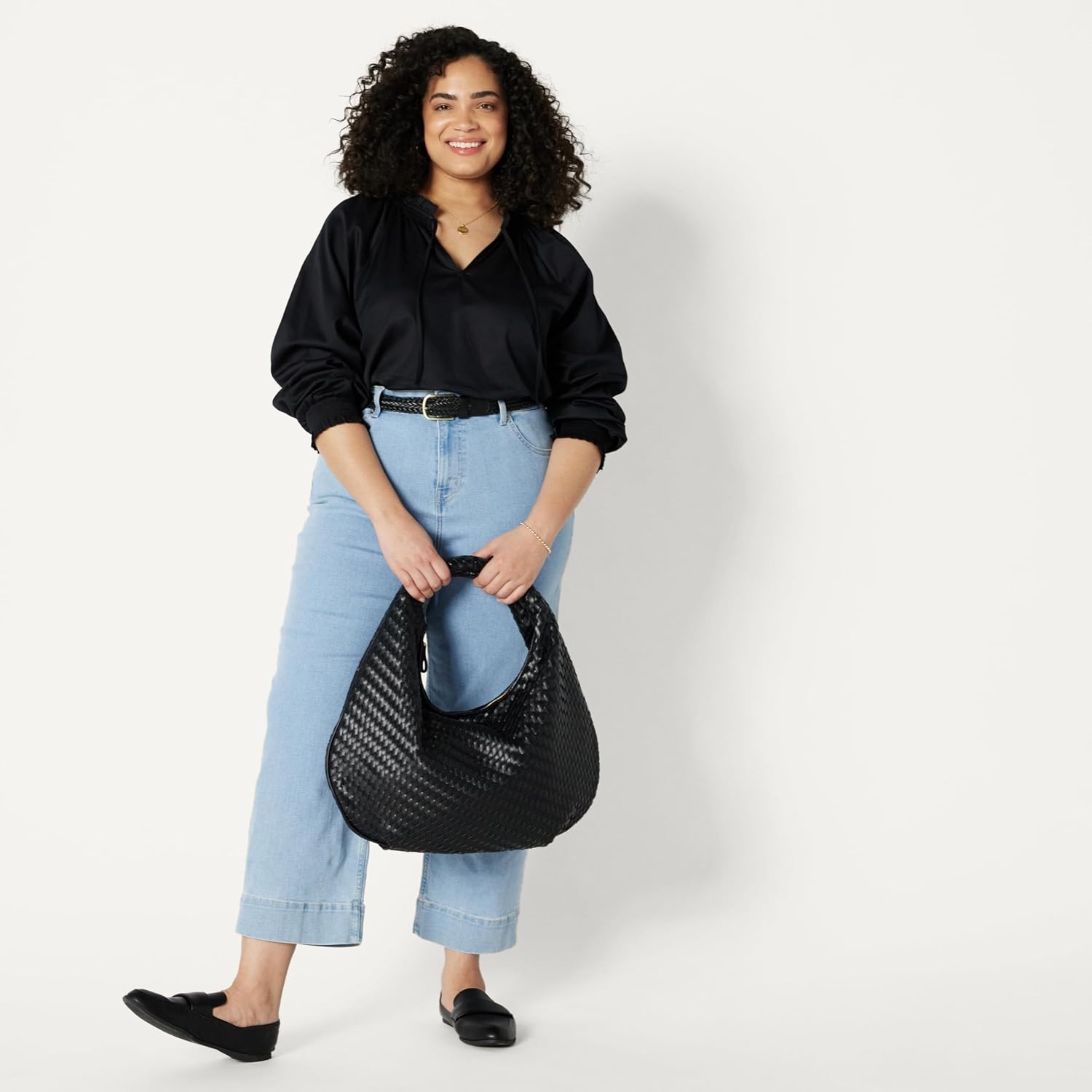 image:imageAmazon Essentials Womens RelaxedFit RuffleNeck Cotton Sateen BlouseBlack