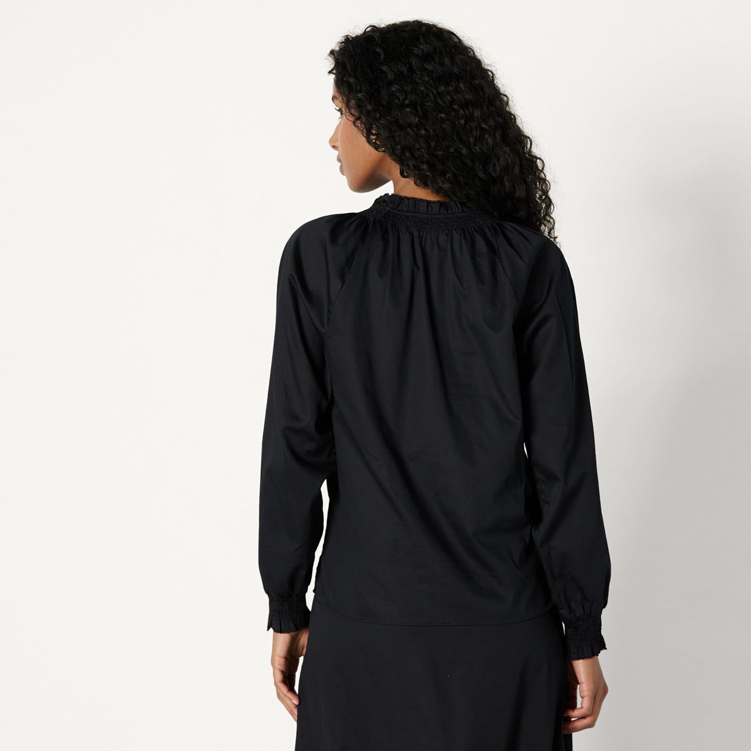 image:imageAmazon Essentials Womens RelaxedFit RuffleNeck Cotton Sateen BlouseBlack