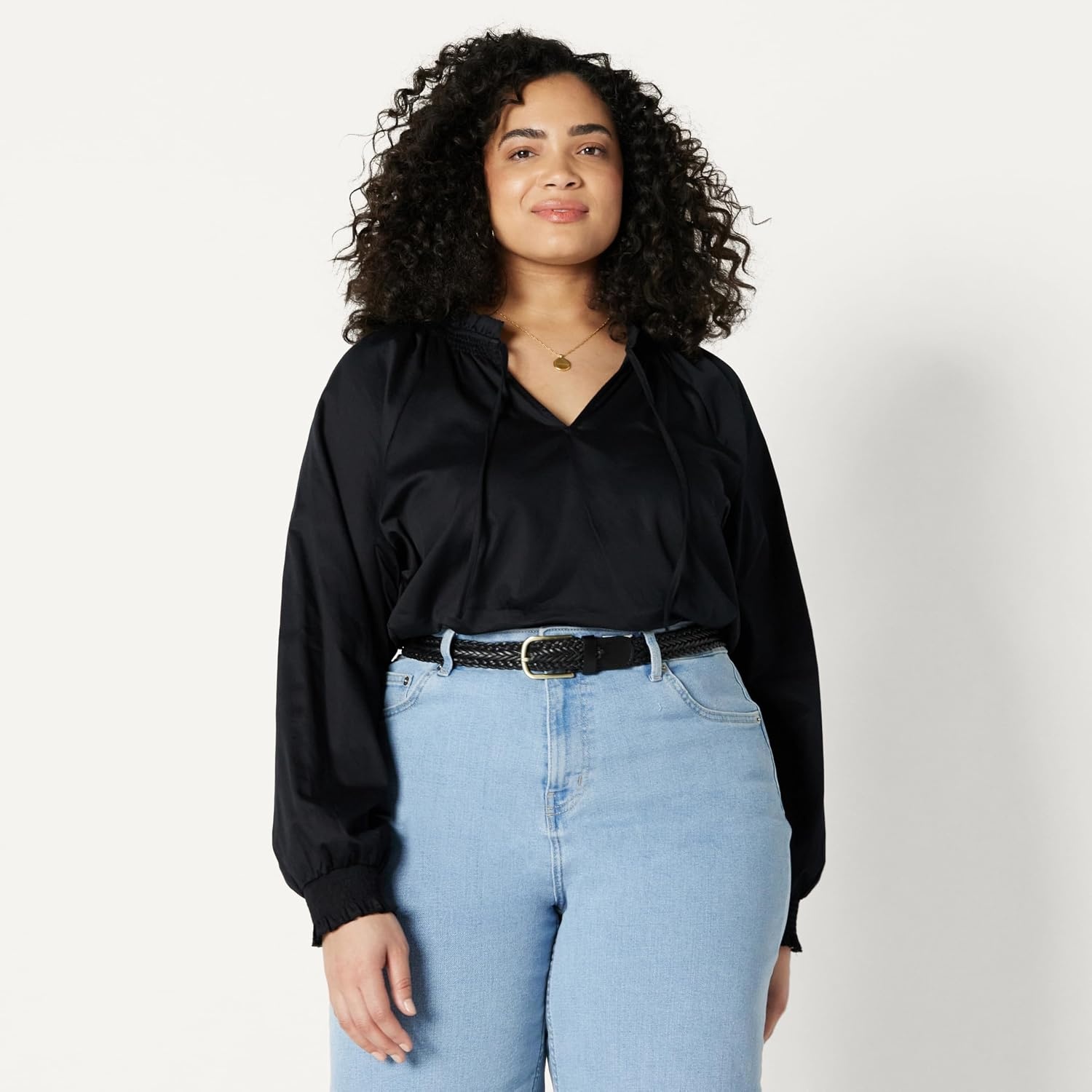 image:imageAmazon Essentials Womens RelaxedFit RuffleNeck Cotton Sateen BlouseBlack