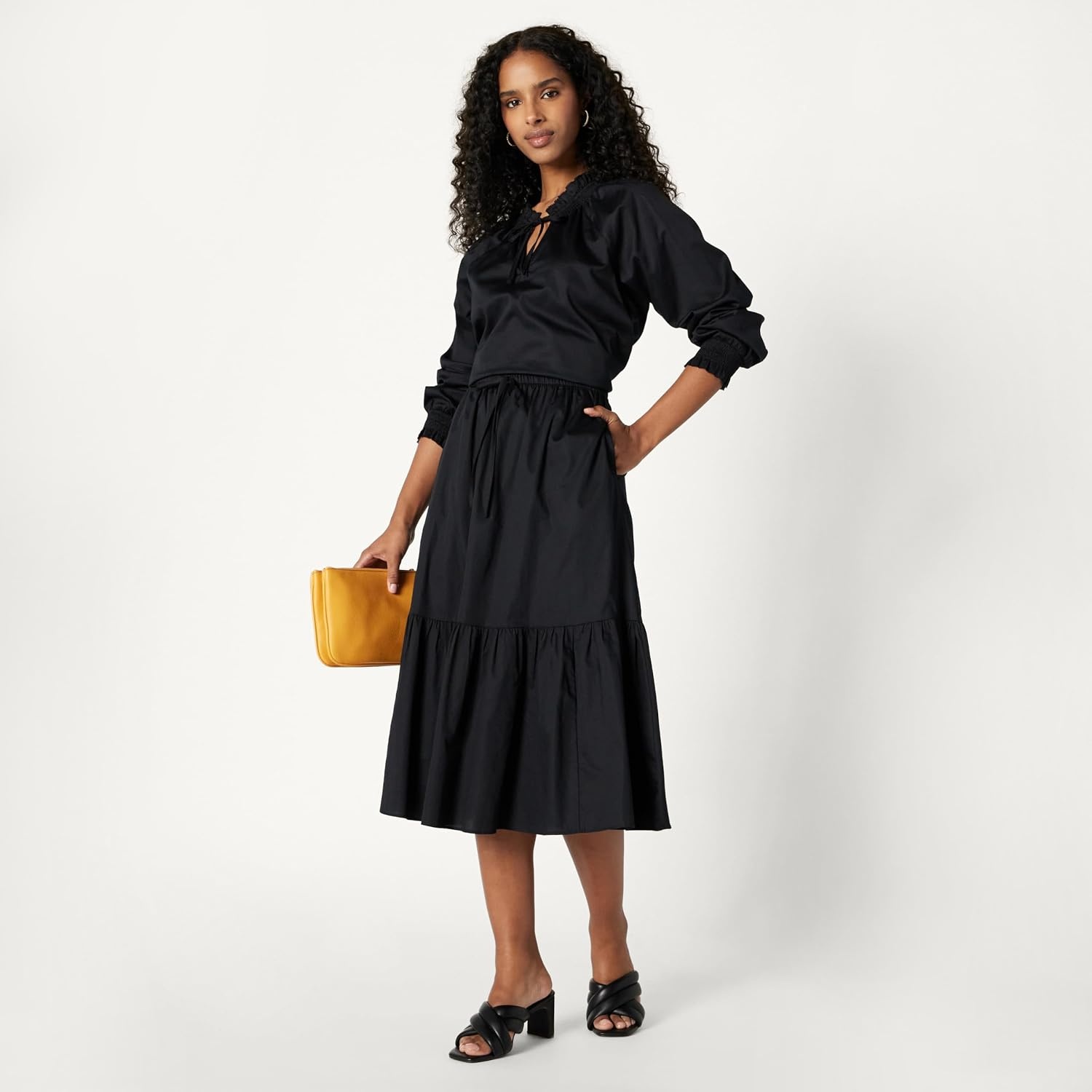 image:imageAmazon Essentials Womens RelaxedFit RuffleNeck Cotton Sateen BlouseBlack