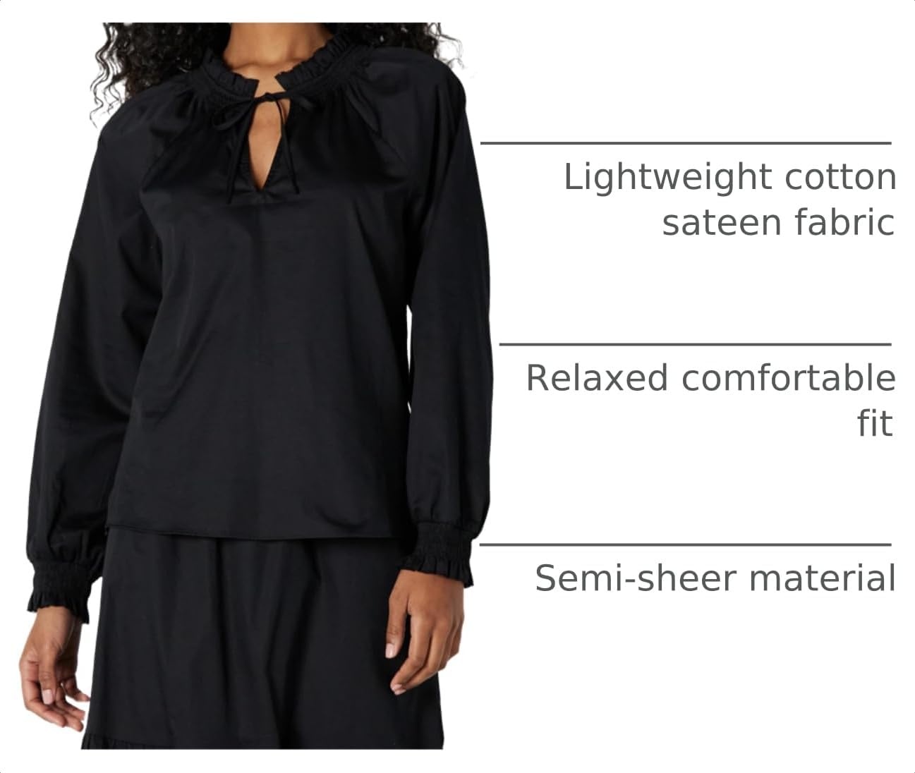 image:imageAmazon Essentials Womens RelaxedFit RuffleNeck Cotton Sateen BlouseBlack
