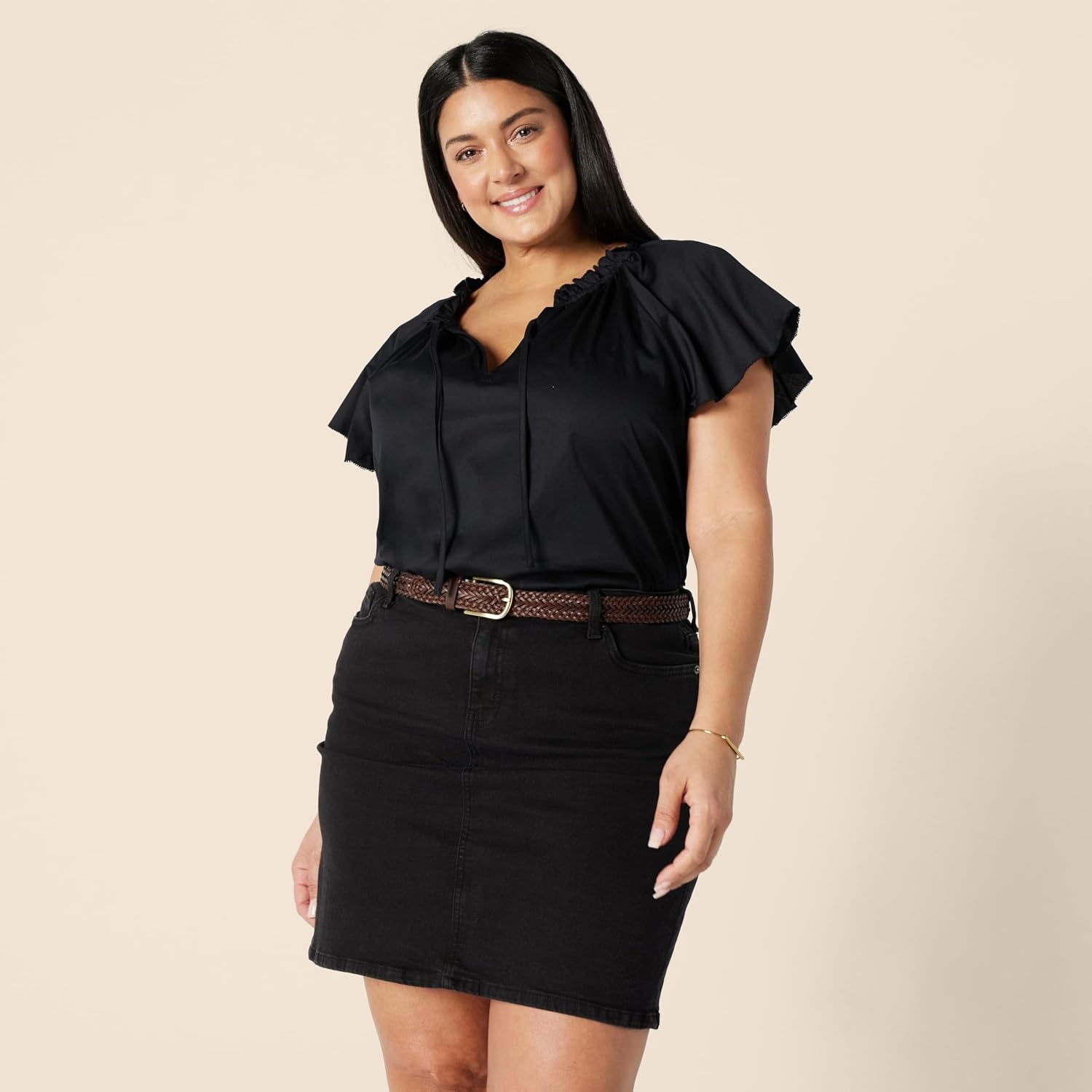 image:imageAmazon Essentials Womens RelaxedFit RuffleNeck Cotton Sateen BlouseBlack