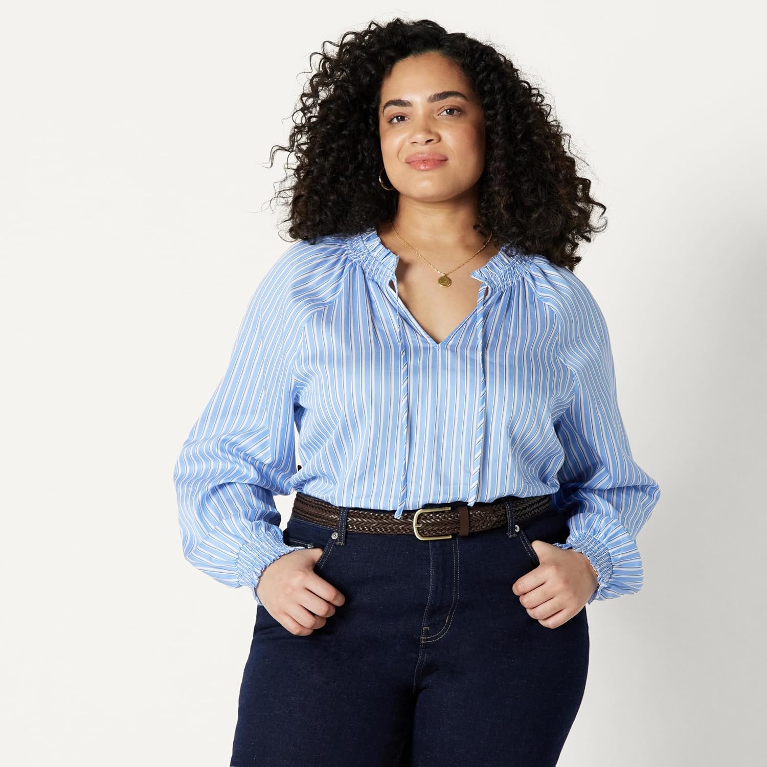 image:imageAmazon Essentials Womens RelaxedFit RuffleNeck Cotton Sateen BlouseBlue White Stripe