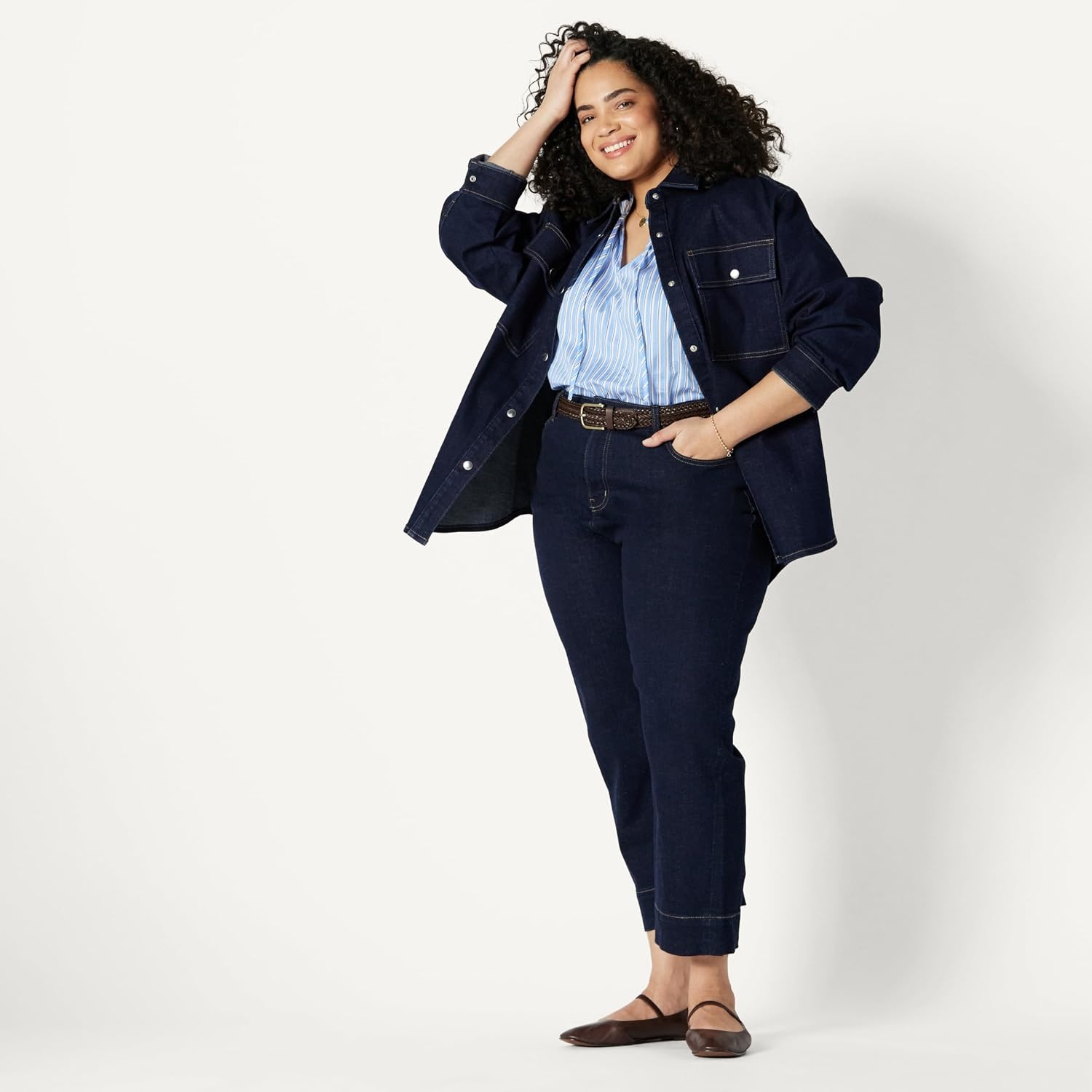 image:imageAmazon Essentials Womens RelaxedFit RuffleNeck Cotton Sateen BlouseBlue White Stripe