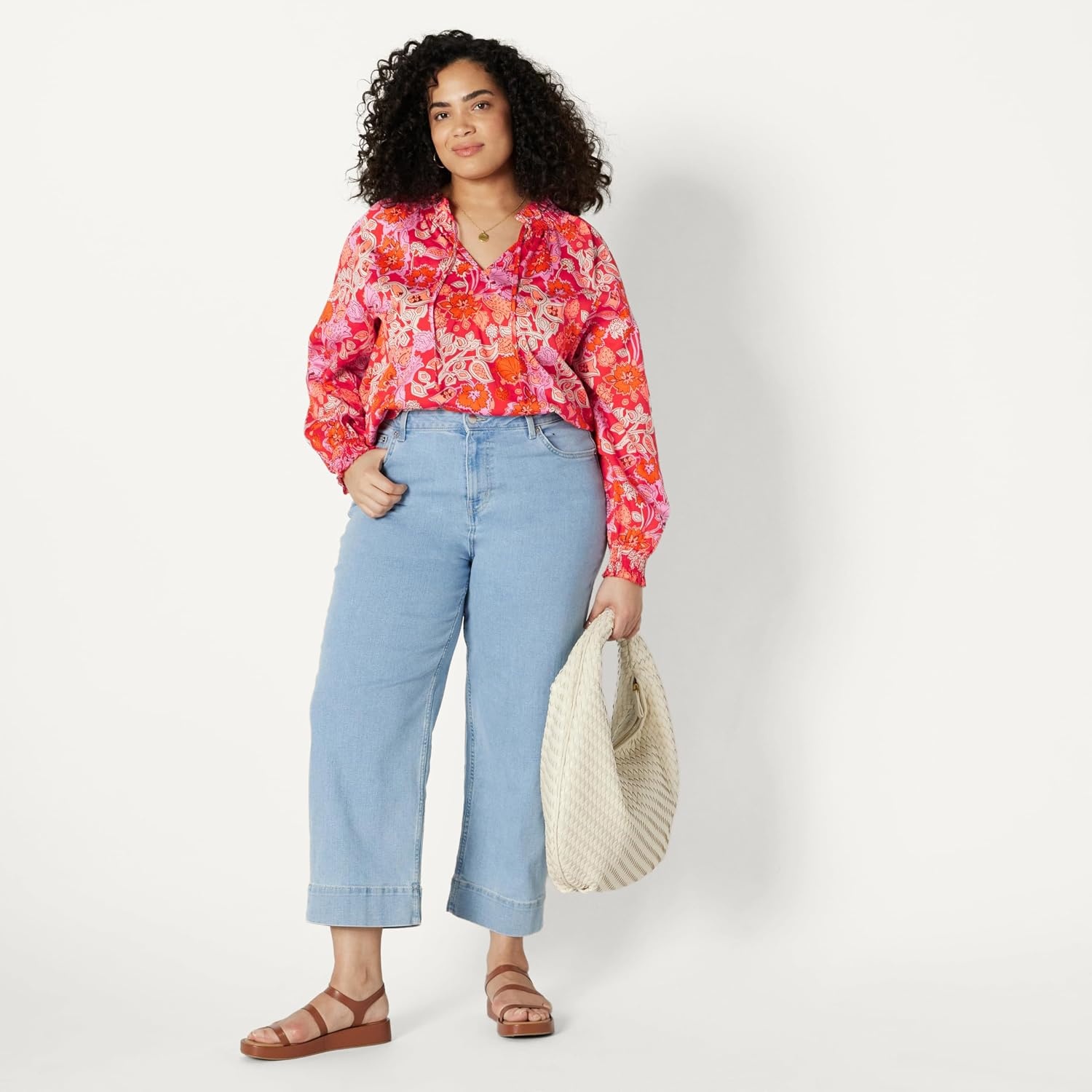 image:imageAmazon Essentials Womens RelaxedFit RuffleNeck Cotton Sateen BlouseBright Poppy Red Folk Floral Multi