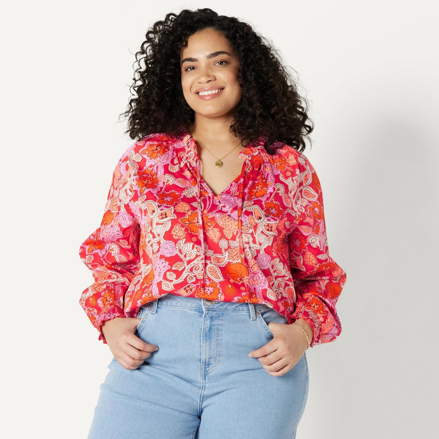 image:imageAmazon Essentials Womens RelaxedFit RuffleNeck Cotton Sateen BlouseBright Poppy Red Folk Floral Multi