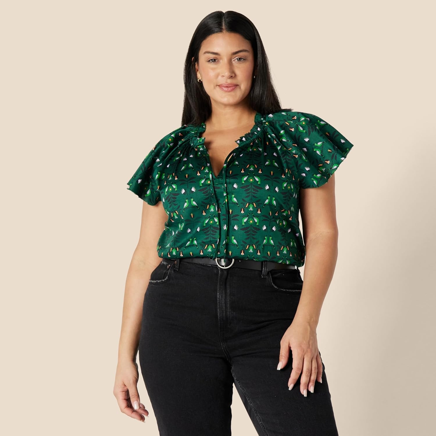 image:imageAmazon Essentials Womens RelaxedFit RuffleNeck Cotton Sateen BlouseDark Green Green Birds
