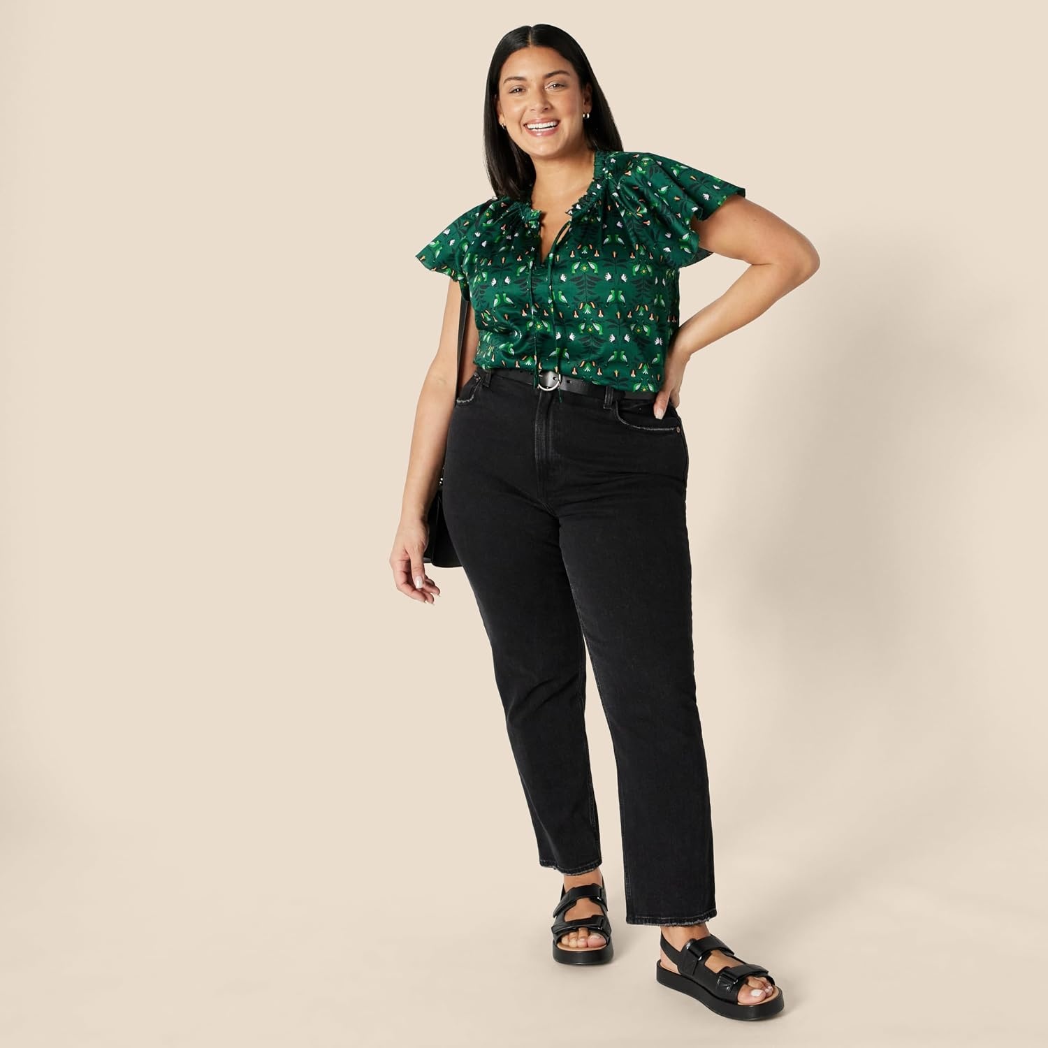 image:imageAmazon Essentials Womens RelaxedFit RuffleNeck Cotton Sateen BlouseDark Green Green Birds