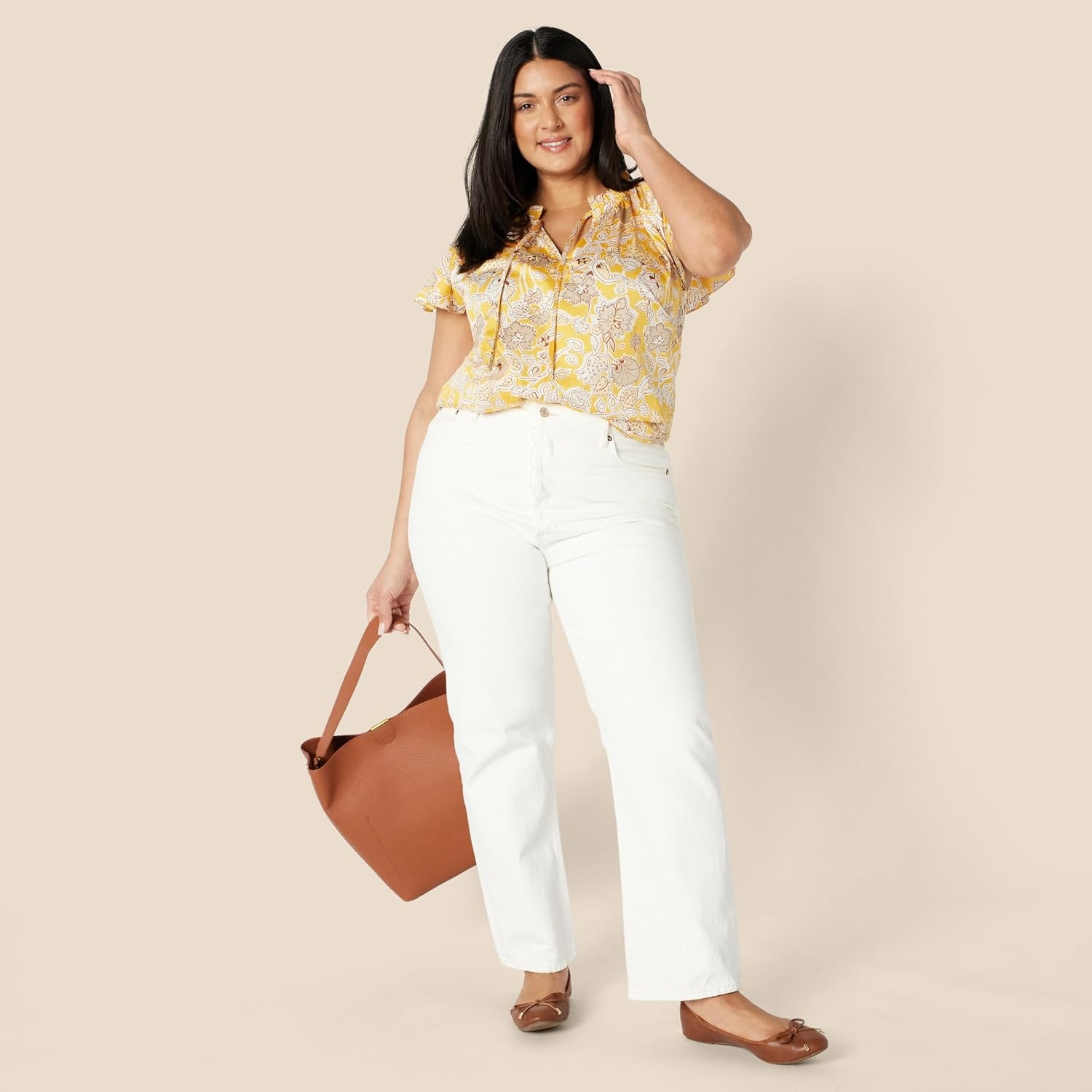 image:imageAmazon Essentials Womens RelaxedFit RuffleNeck Cotton Sateen BlouseGolden Yellow Folk Floral Multi