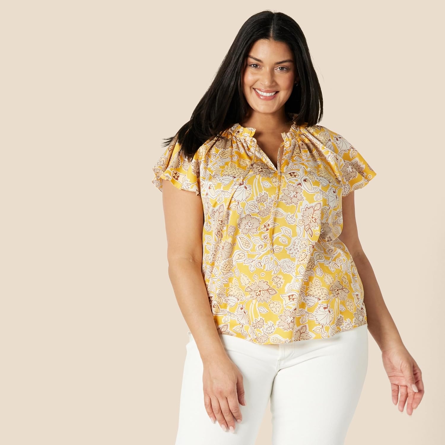 image:imageAmazon Essentials Womens RelaxedFit RuffleNeck Cotton Sateen BlouseGolden Yellow Folk Floral Multi