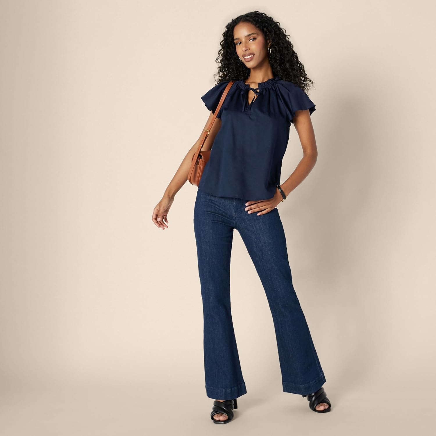 image:imageAmazon Essentials Womens RelaxedFit RuffleNeck Cotton Sateen BlouseNavy