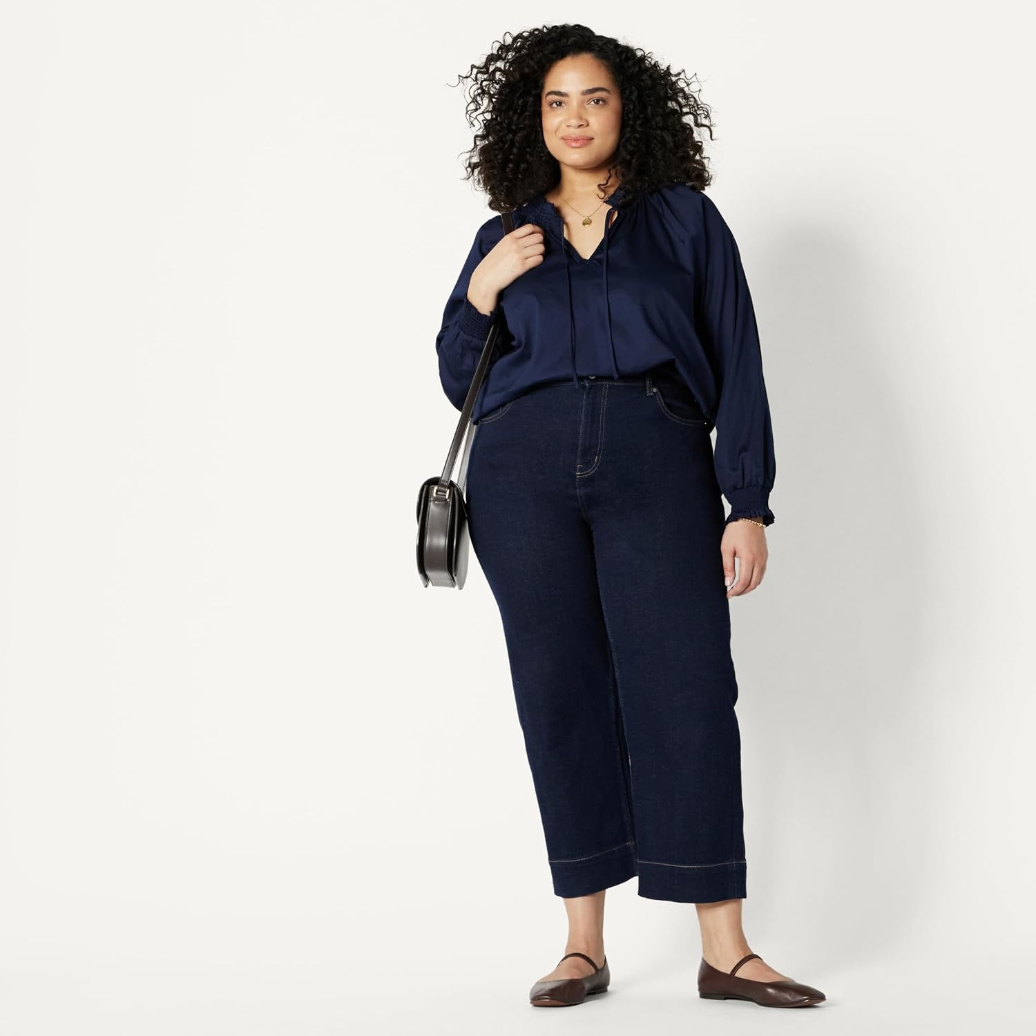 image:imageAmazon Essentials Womens RelaxedFit RuffleNeck Cotton Sateen BlouseNavy